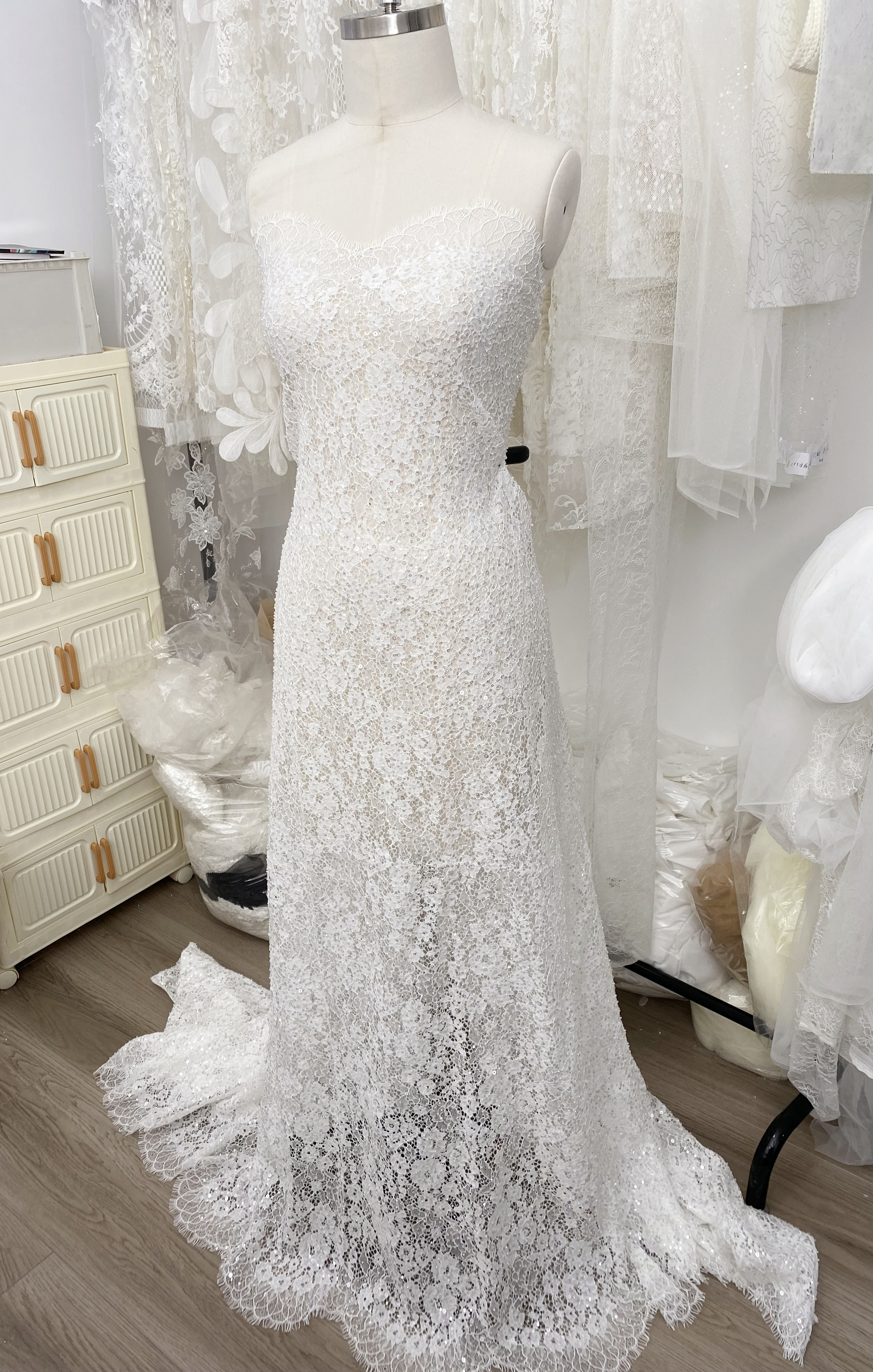 White French Made Beaded Chantilly Lace Fabric Off White Chantilly Lace with Eyelash Fringe Bridal Wedding Gown Material,Sold as 3-Meter Piece