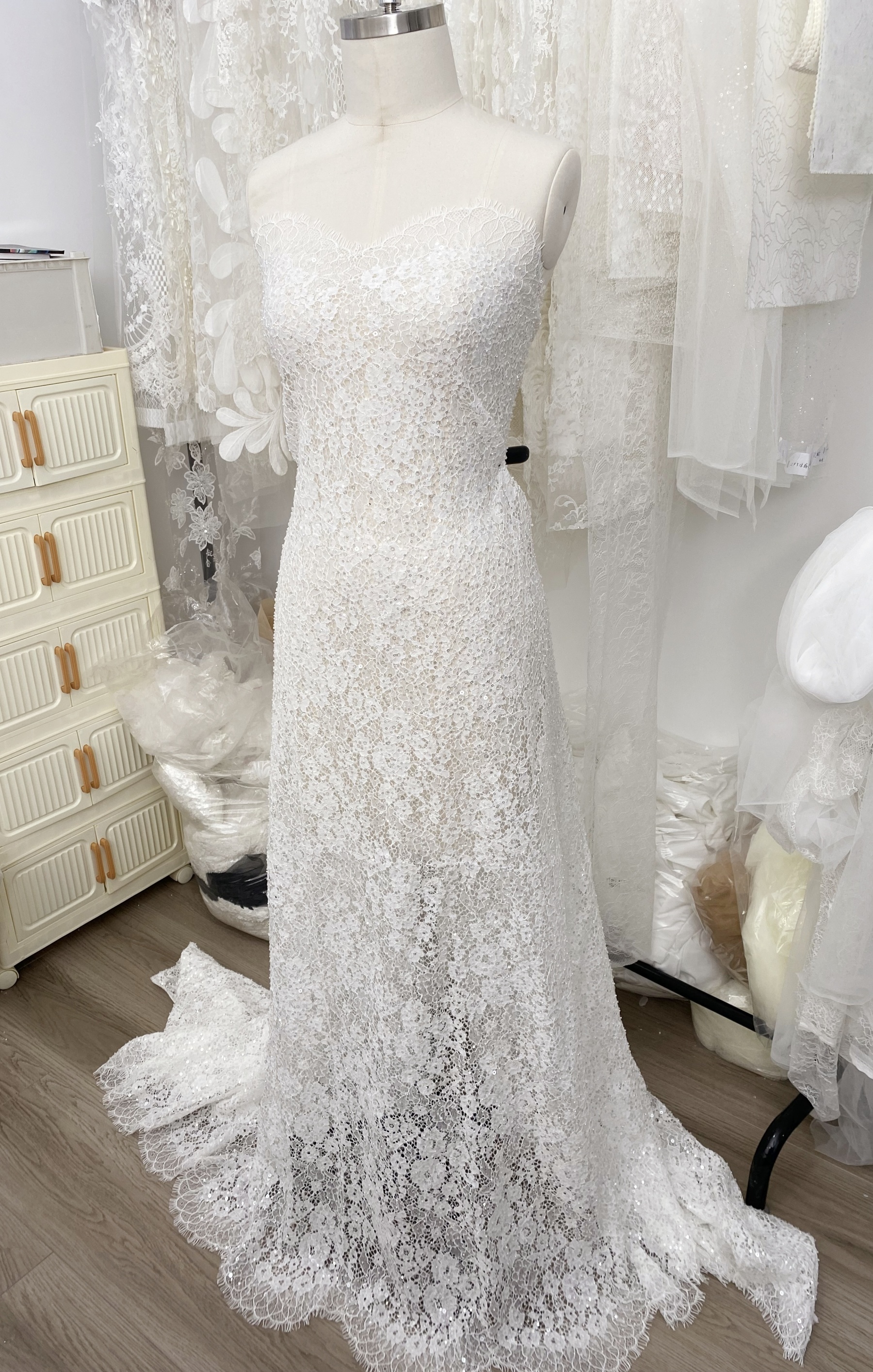 White French Made Beaded Chantilly Lace Fabric Off White Chantilly Lace with Eyelash Fringe Bridal Wedding Gown Material,Sold as 3-Meter Piece