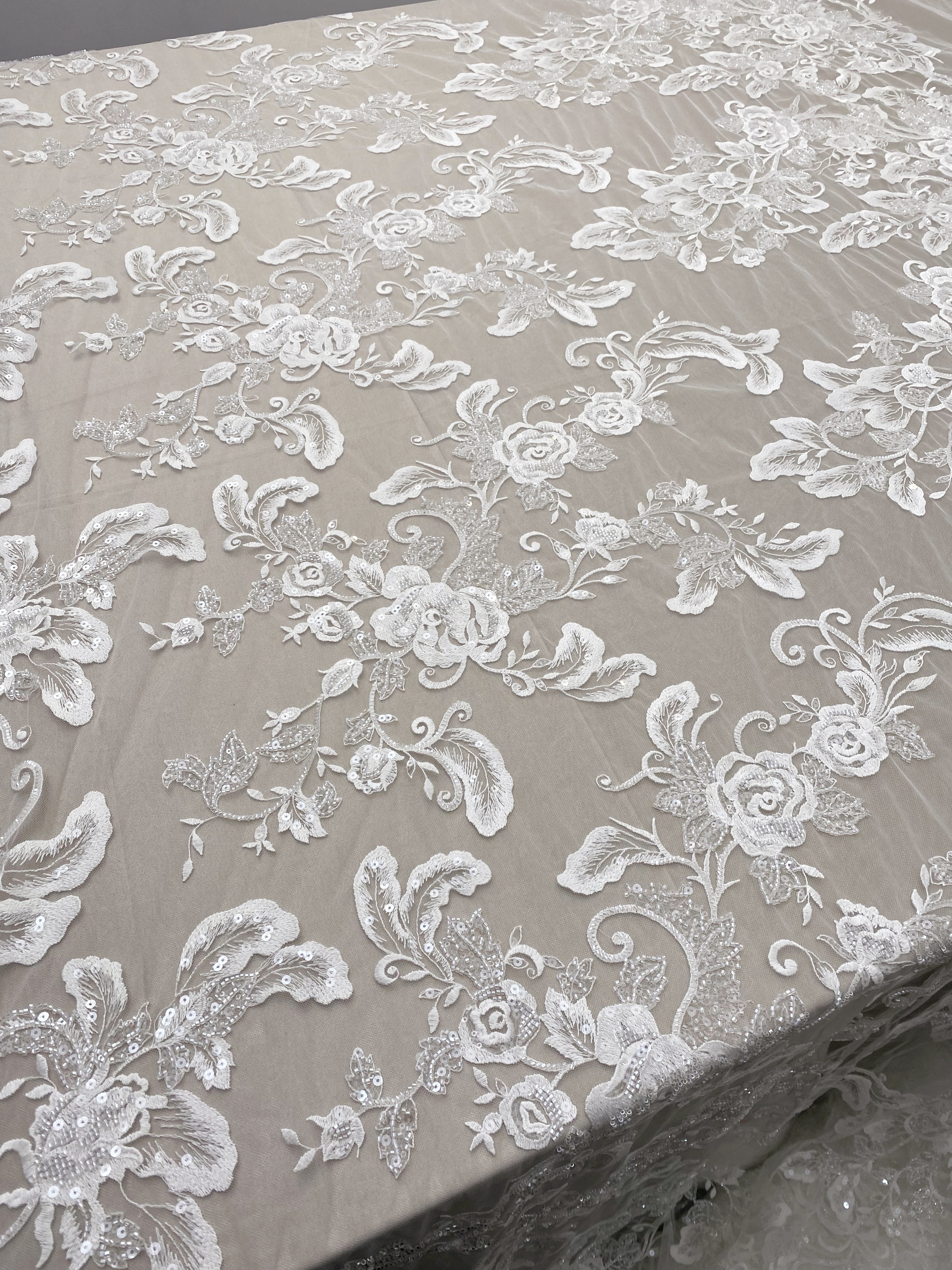 Ivory Floral Embroidered Lace Fabric with Sequins, Large Flower Mesh Lace for Wedding Dress, Bridal Gown, Flower Girl Dress