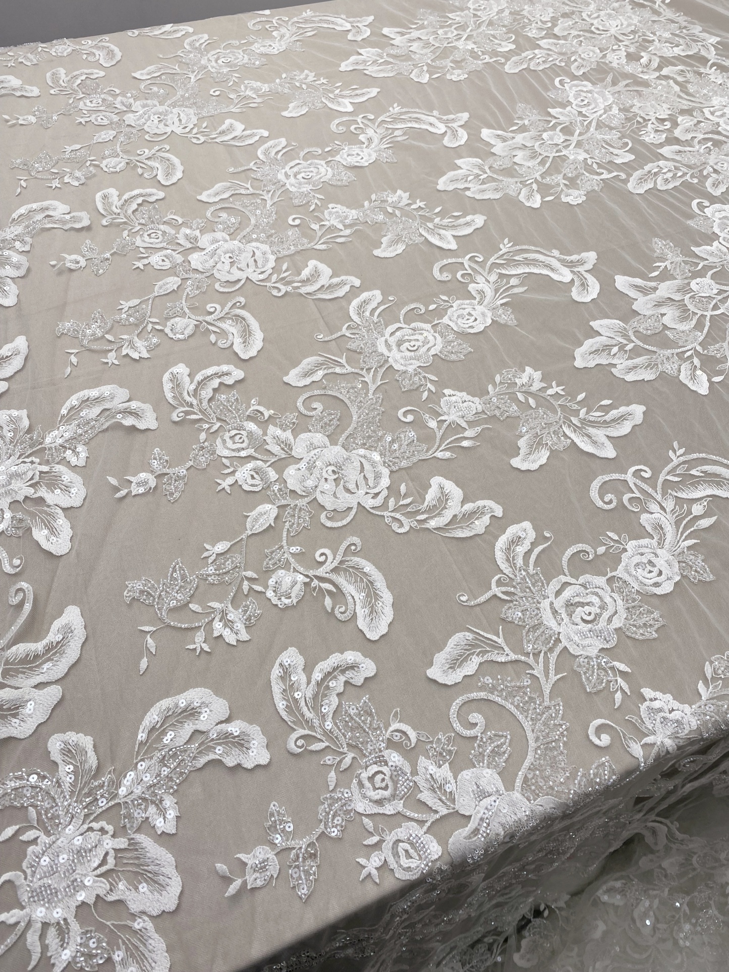 Ivory Floral Embroidered Lace Fabric with Sequins, Large Flower Mesh Lace for Wedding Dress, Bridal Gown, Flower Girl Dress