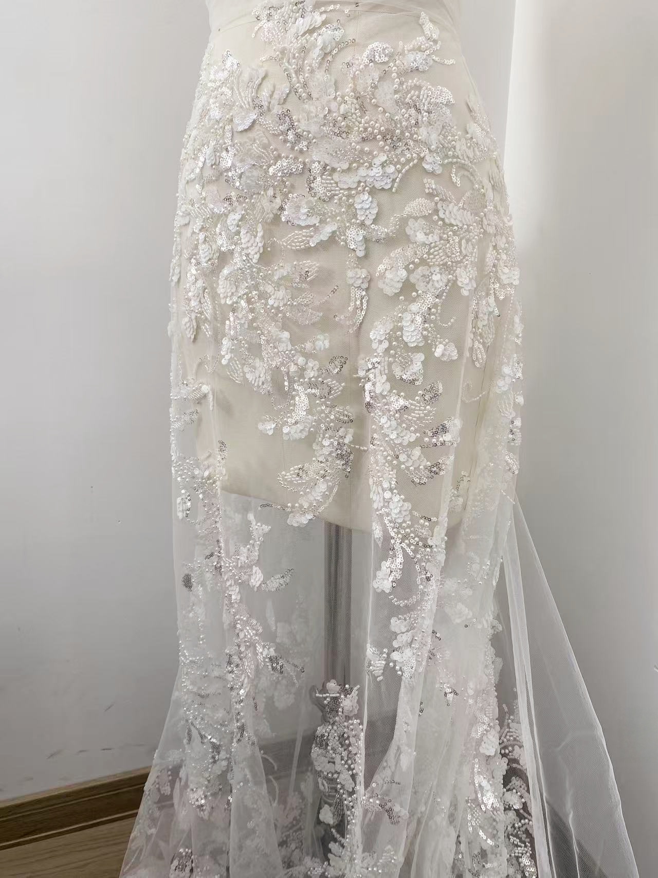 Ivory Lace Fabric with 3D Beaded Embroidery, Pearlescent White Sequins on Soft Tulle for Wedding Dresses, Veils, Capes, Gowns