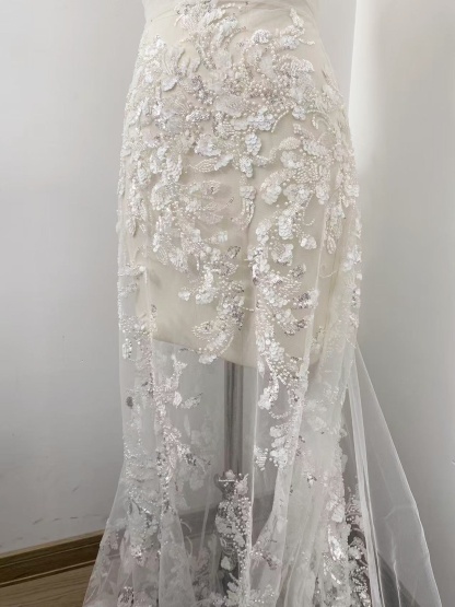 Ivory Lace Fabric with 3D Beaded Embroidery, Pearlescent White Sequins on Soft Tulle for Wedding Dresses, Veils, Capes, Gowns