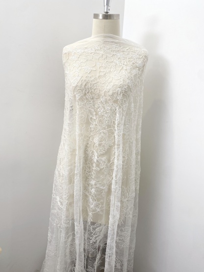 French Chantilly Flower Lace Fabric, White Embroidery Floral Beading Sequin Lace by the Yard for Wedding Dress, Veil, Bridal Gown