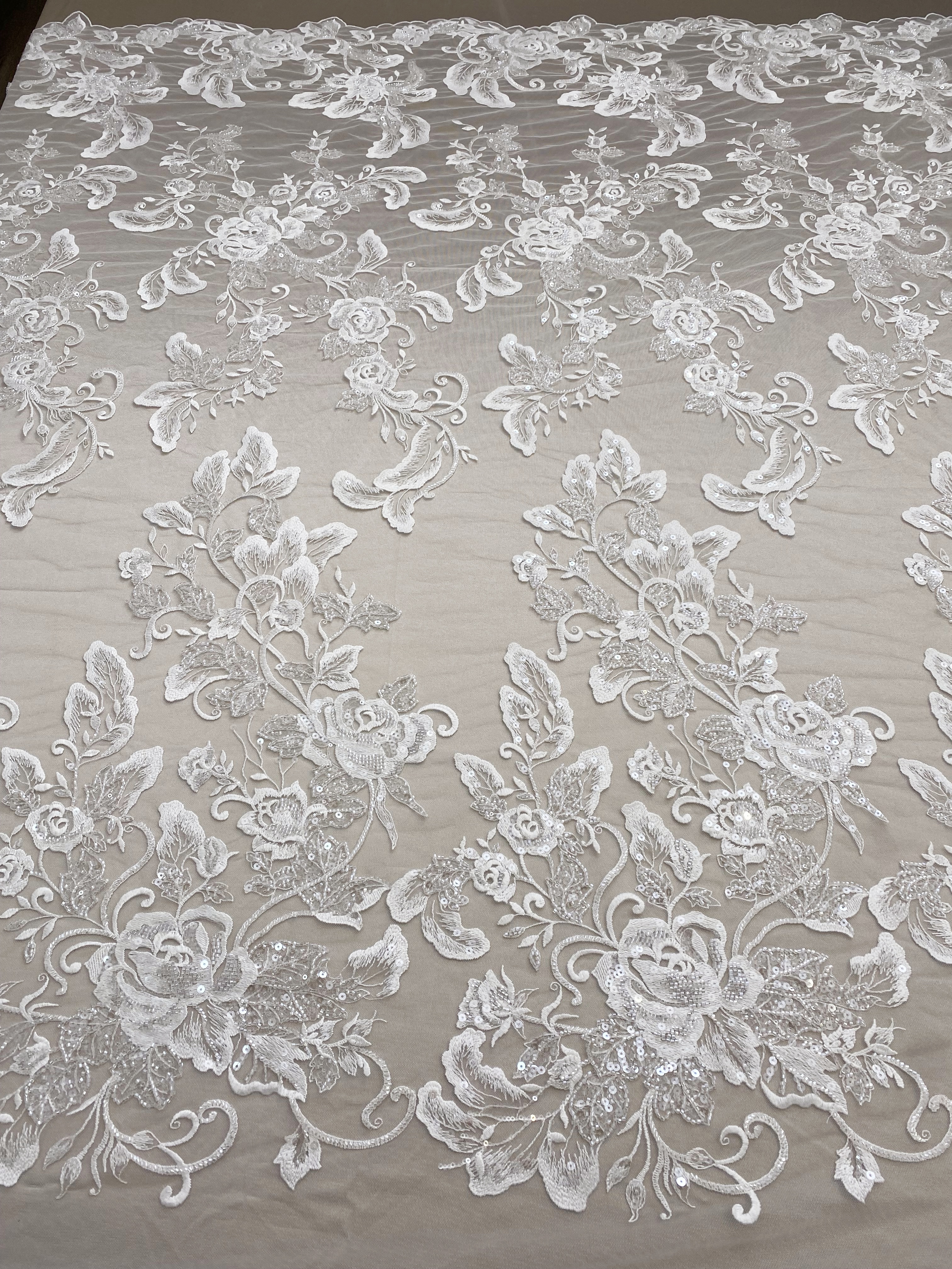 Ivory Floral Embroidered Lace Fabric with Sequins, Large Flower Mesh Lace for Wedding Dress, Bridal Gown, Flower Girl Dress