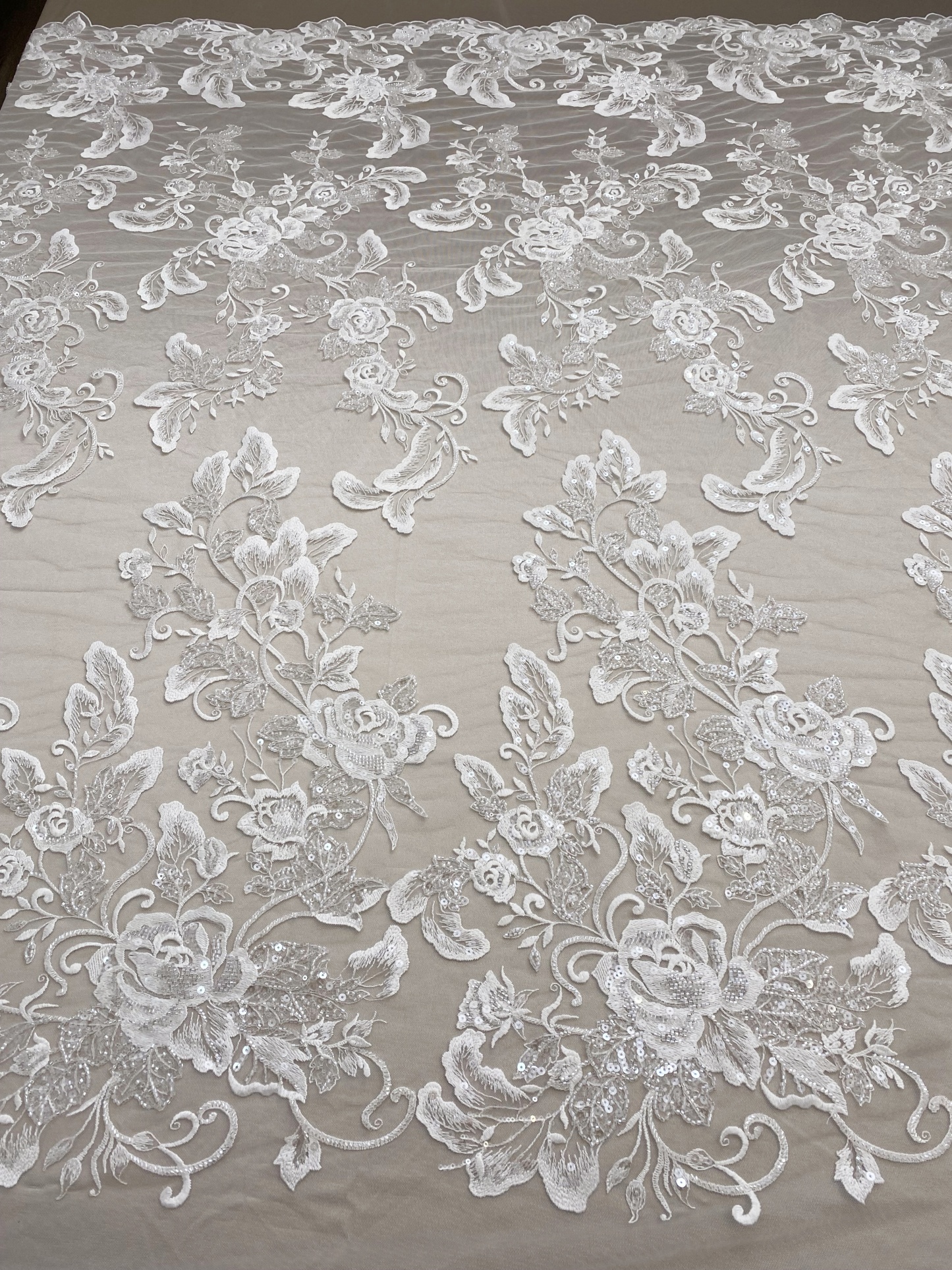 Ivory Floral Embroidered Lace Fabric with Sequins, Large Flower Mesh Lace for Wedding Dress, Bridal Gown, Flower Girl Dress