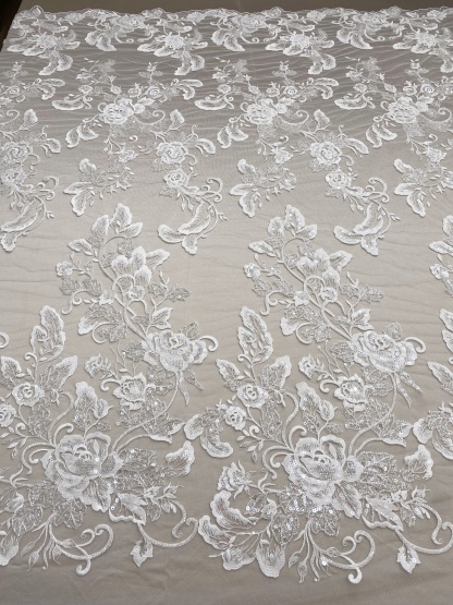 Ivory Floral Embroidered Lace Fabric with Sequins, Large Flower Mesh Lace for Wedding Dress, Bridal Gown, Flower Girl Dress