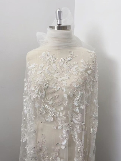 Ivory Lace Fabric with 3D Beaded Embroidery, Pearlescent White Sequins on Soft Tulle for Wedding Dresses, Veils, Capes, Gowns