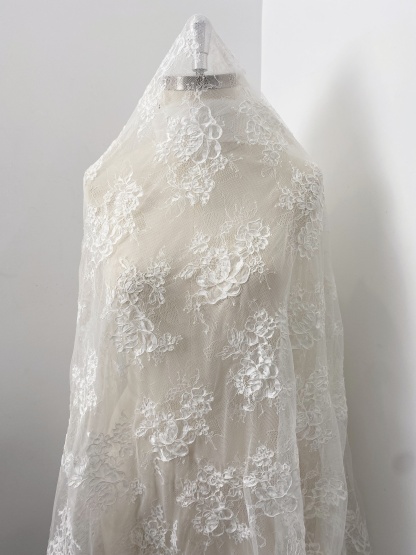 White Corded Floral Alencon Lace Fabric for Bridal Gown, Wedding Dress, DIY Sewing, Bridal Lace with Salloped Edge, 3 Meters/piece
