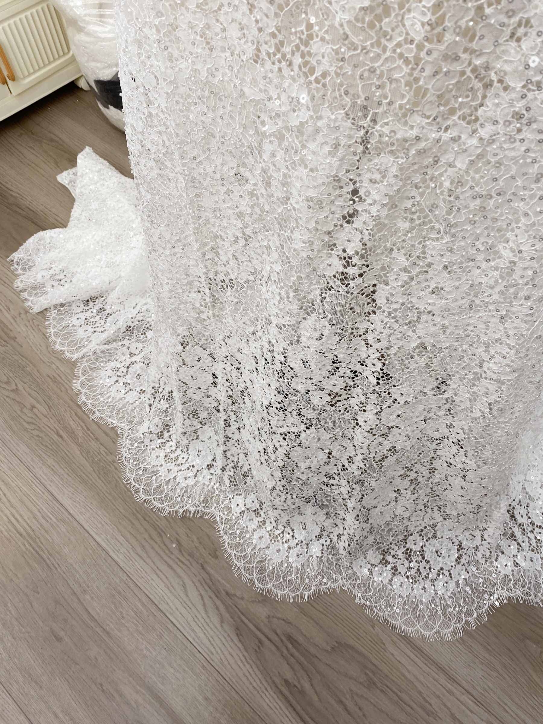 White French Made Beaded Chantilly Lace Fabric Off White Chantilly Lace with Eyelash Fringe Bridal Wedding Gown Material,Sold as 3-Meter Piece