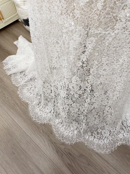 White French Made Beaded Chantilly Lace Fabric Off White Chantilly Lace with Eyelash Fringe Bridal Wedding Gown Material,Sold as 3-Meter Piece