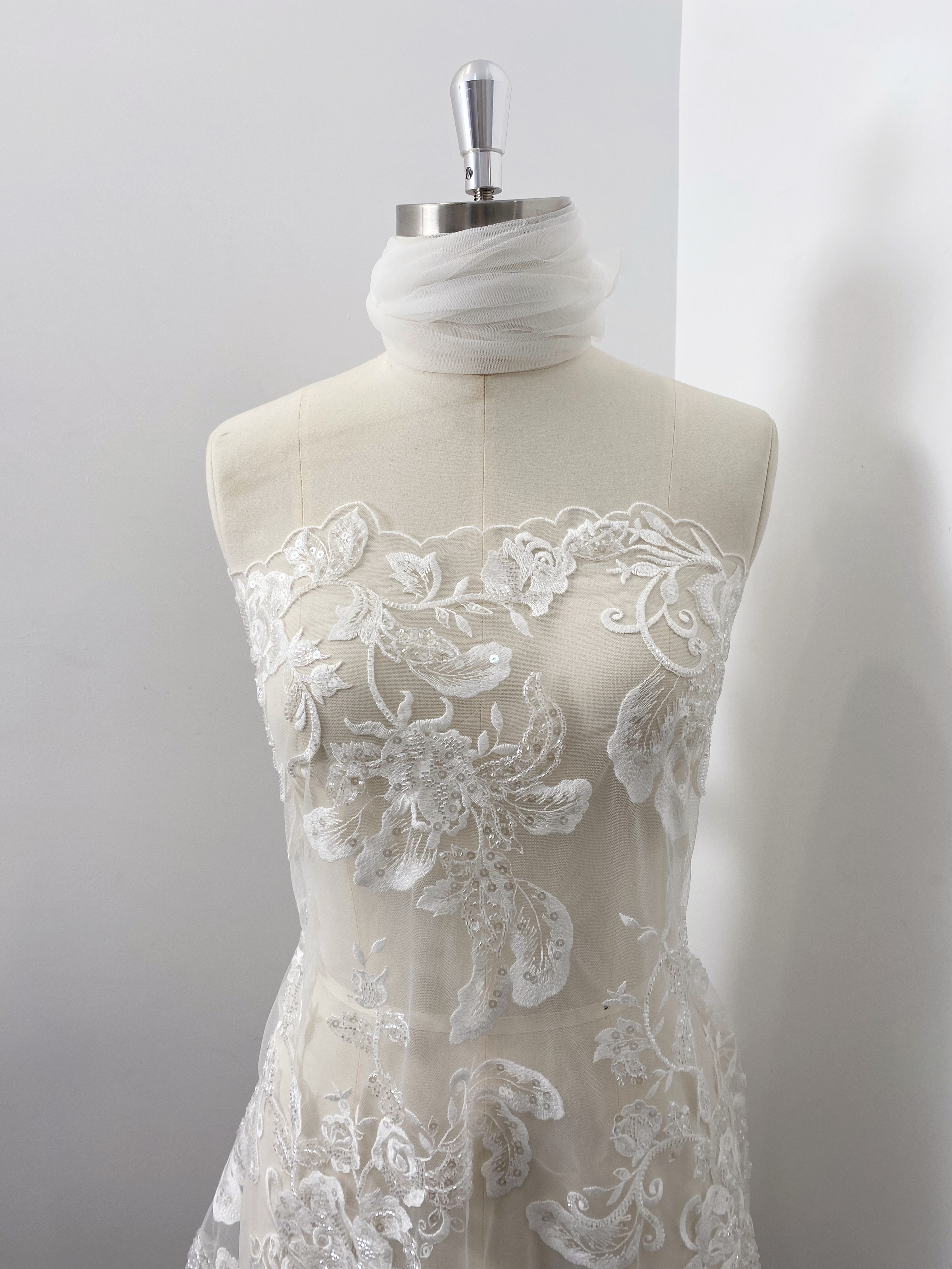 Ivory Floral Embroidered Lace Fabric with Sequins, Large Flower Mesh Lace for Wedding Dress, Bridal Gown, Flower Girl Dress