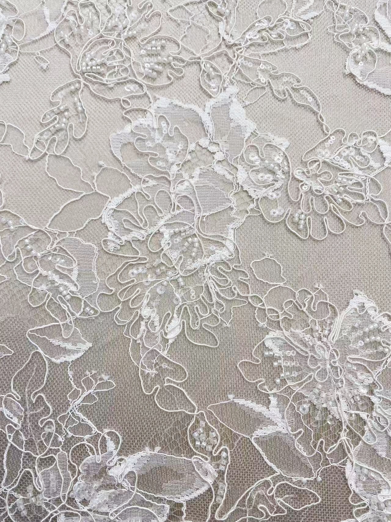 Luxurious Beaded French Chantilly Lace Fabric, Sequin Floral Embroidery Lace for wedding shrugs,bridal gown,Sold by 3 Yard