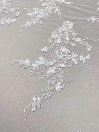 Ivory Lace Fabric with 3D Beaded Embroidery, Pearlescent White Sequins on Soft Tulle for Wedding Dresses, Veils, Capes, Gowns