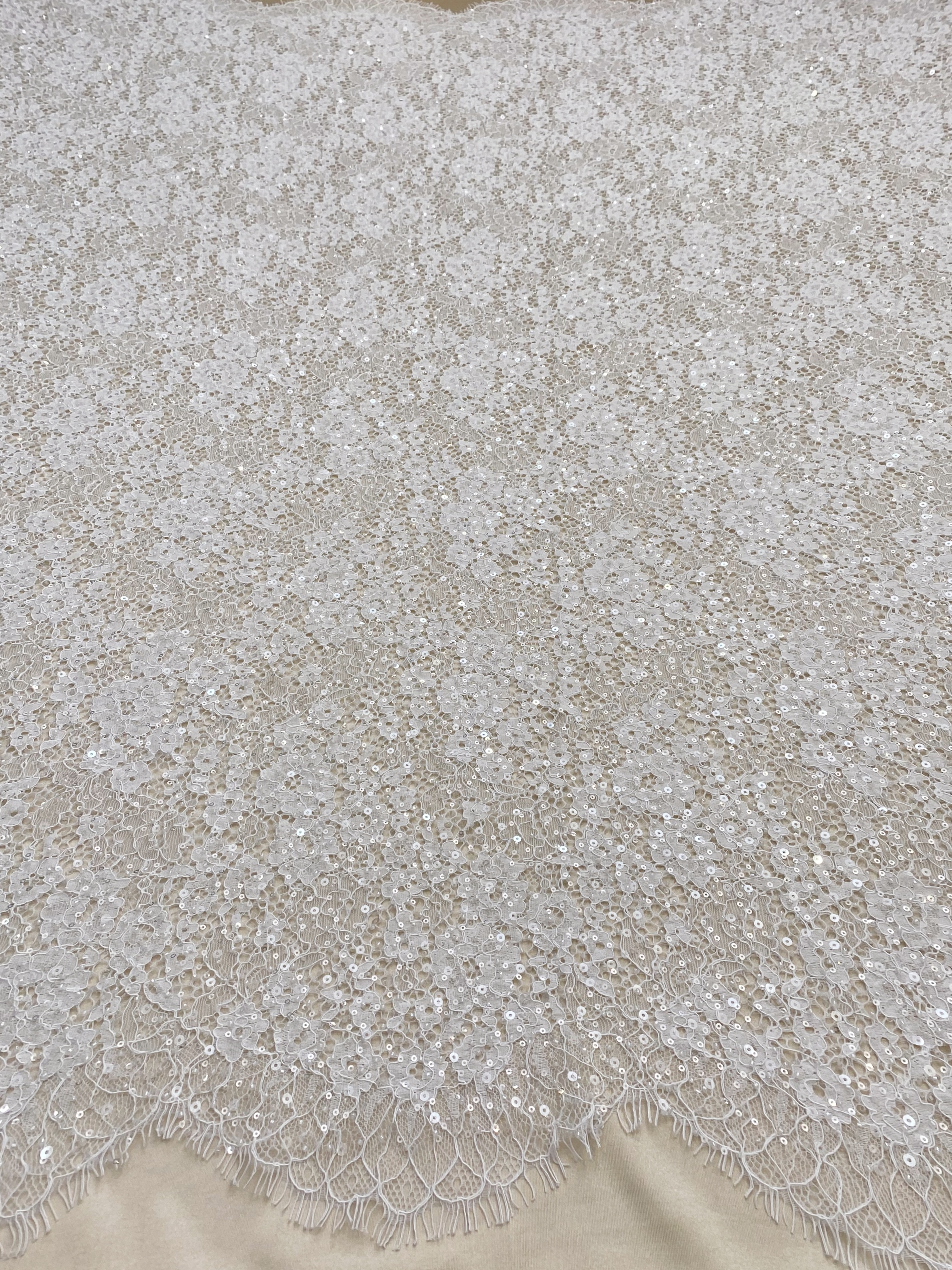 White French Made Beaded Chantilly Lace Fabric Off White Chantilly Lace with Eyelash Fringe Bridal Wedding Gown Material,Sold as 3-Meter Piece