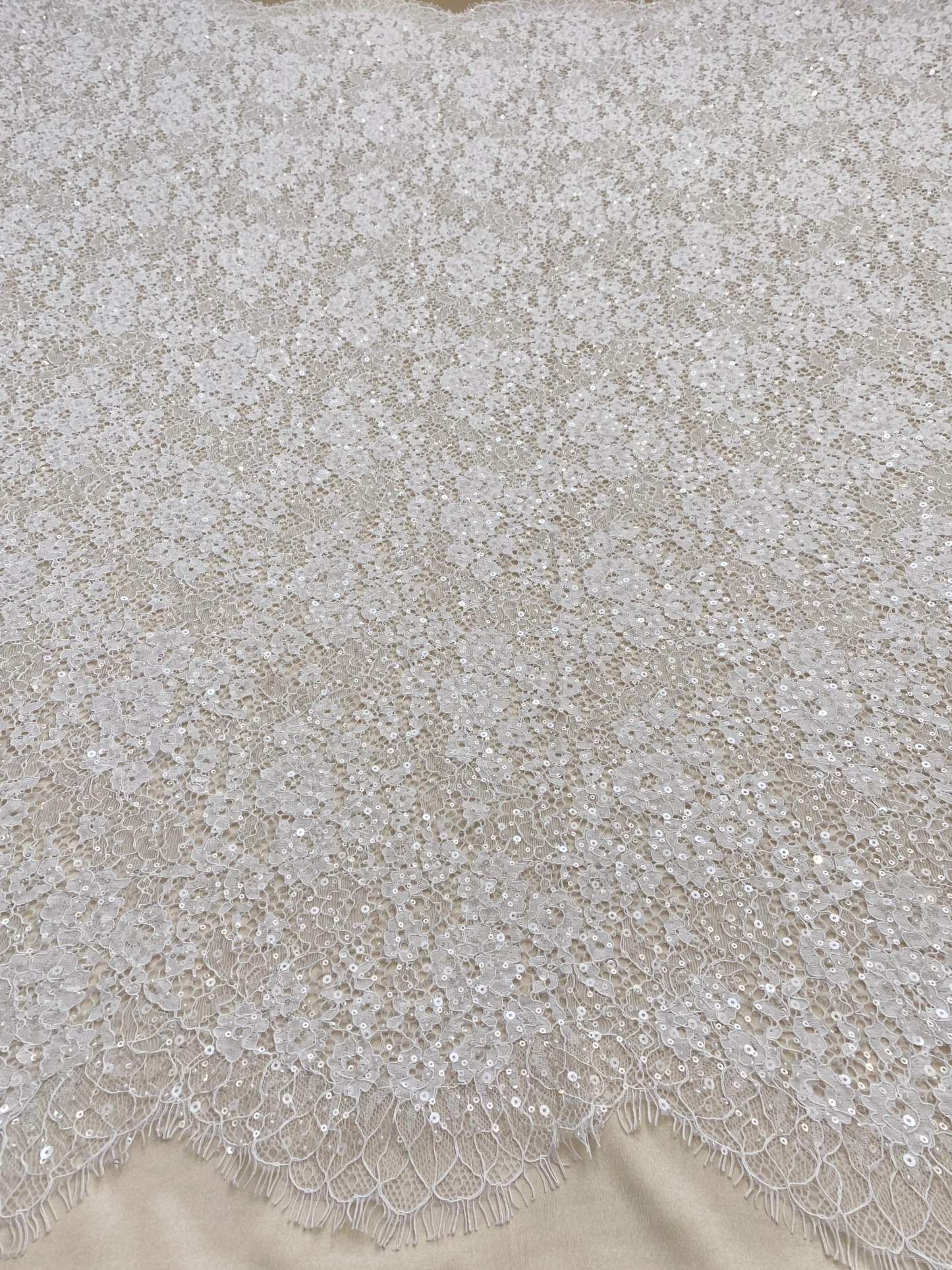 White French Made Beaded Chantilly Lace Fabric Off White Chantilly Lace with Eyelash Fringe Bridal Wedding Gown Material,Sold as 3-Meter Piece