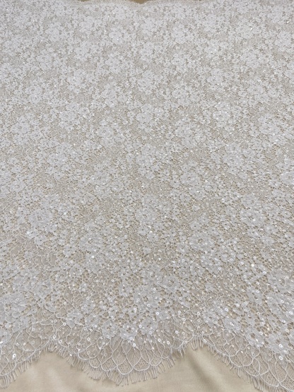 White French Made Beaded Chantilly Lace Fabric Off White Chantilly Lace with Eyelash Fringe Bridal Wedding Gown Material,Sold as 3-Meter Piece