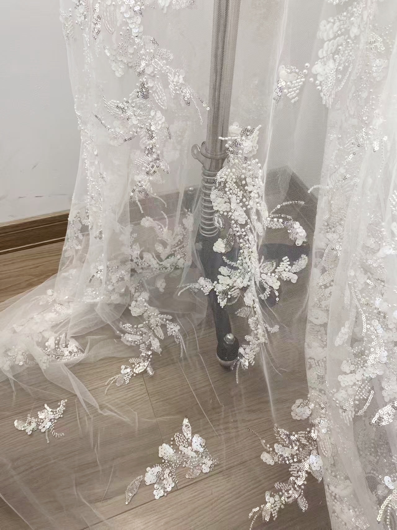 Ivory Lace Fabric with 3D Beaded Embroidery, Pearlescent White Sequins on Soft Tulle for Wedding Dresses, Veils, Capes, Gowns