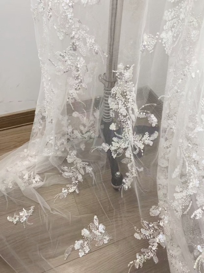 Ivory Lace Fabric with 3D Beaded Embroidery, Pearlescent White Sequins on Soft Tulle for Wedding Dresses, Veils, Capes, Gowns