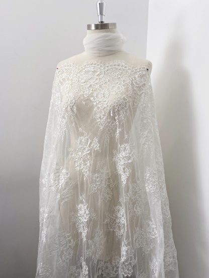 White Corded Floral Alencon Lace Fabric for Bridal Gown, Wedding Dress, DIY Sewing, Bridal Lace with Salloped Edge, 3 Meters/piece