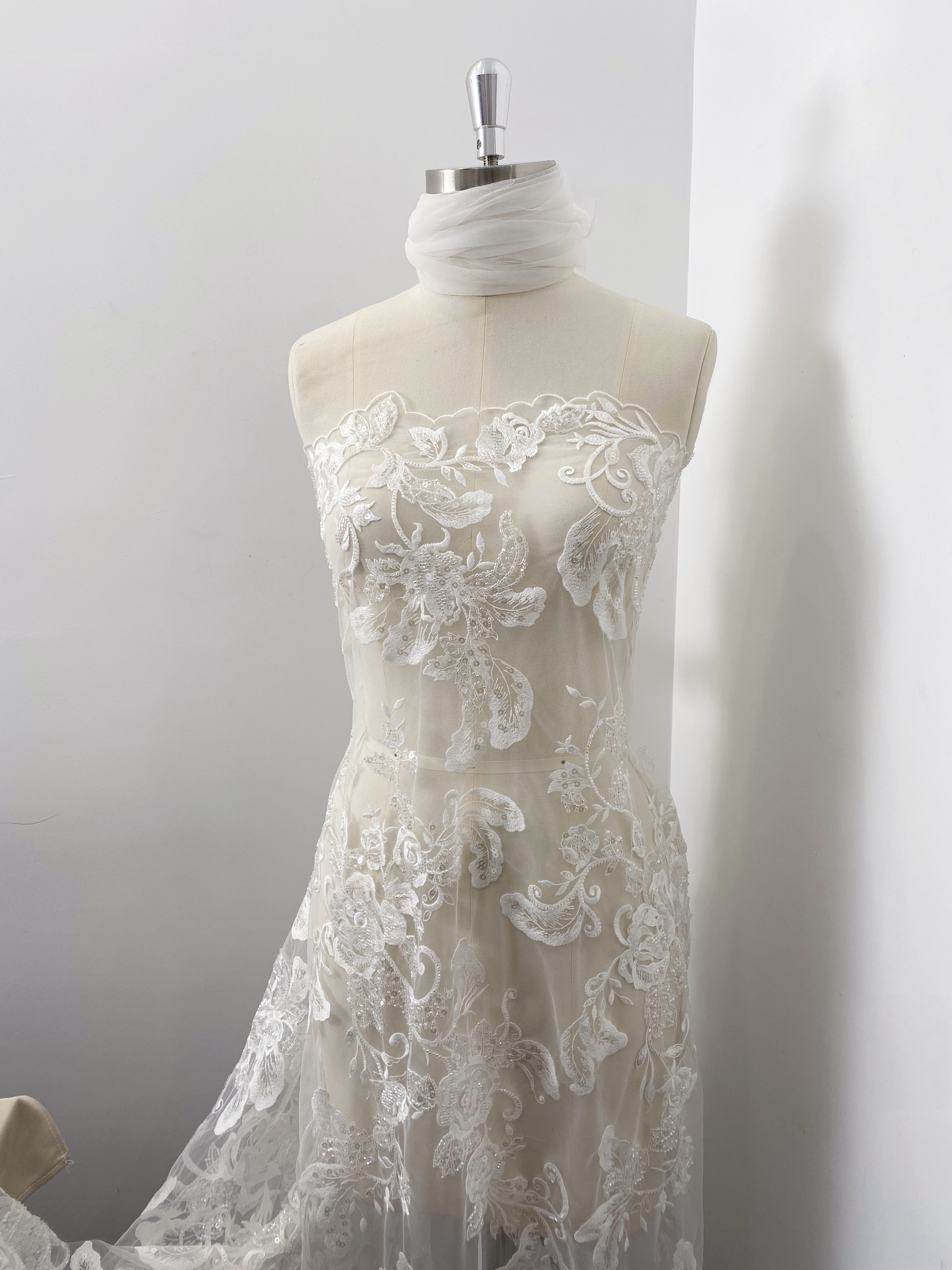 Ivory Floral Embroidered Lace Fabric with Sequins, Large Flower Mesh Lace for Wedding Dress, Bridal Gown, Flower Girl Dress