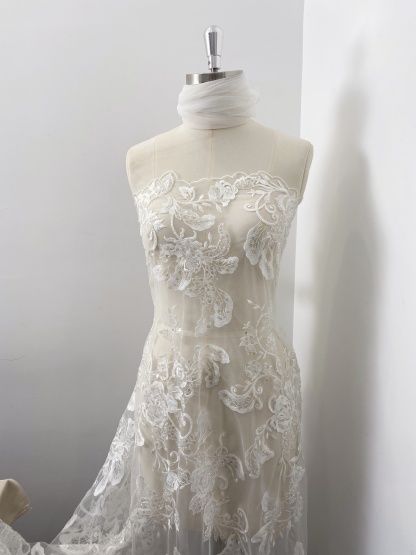 Ivory Floral Embroidered Lace Fabric with Sequins, Large Flower Mesh Lace for Wedding Dress, Bridal Gown, Flower Girl Dress
