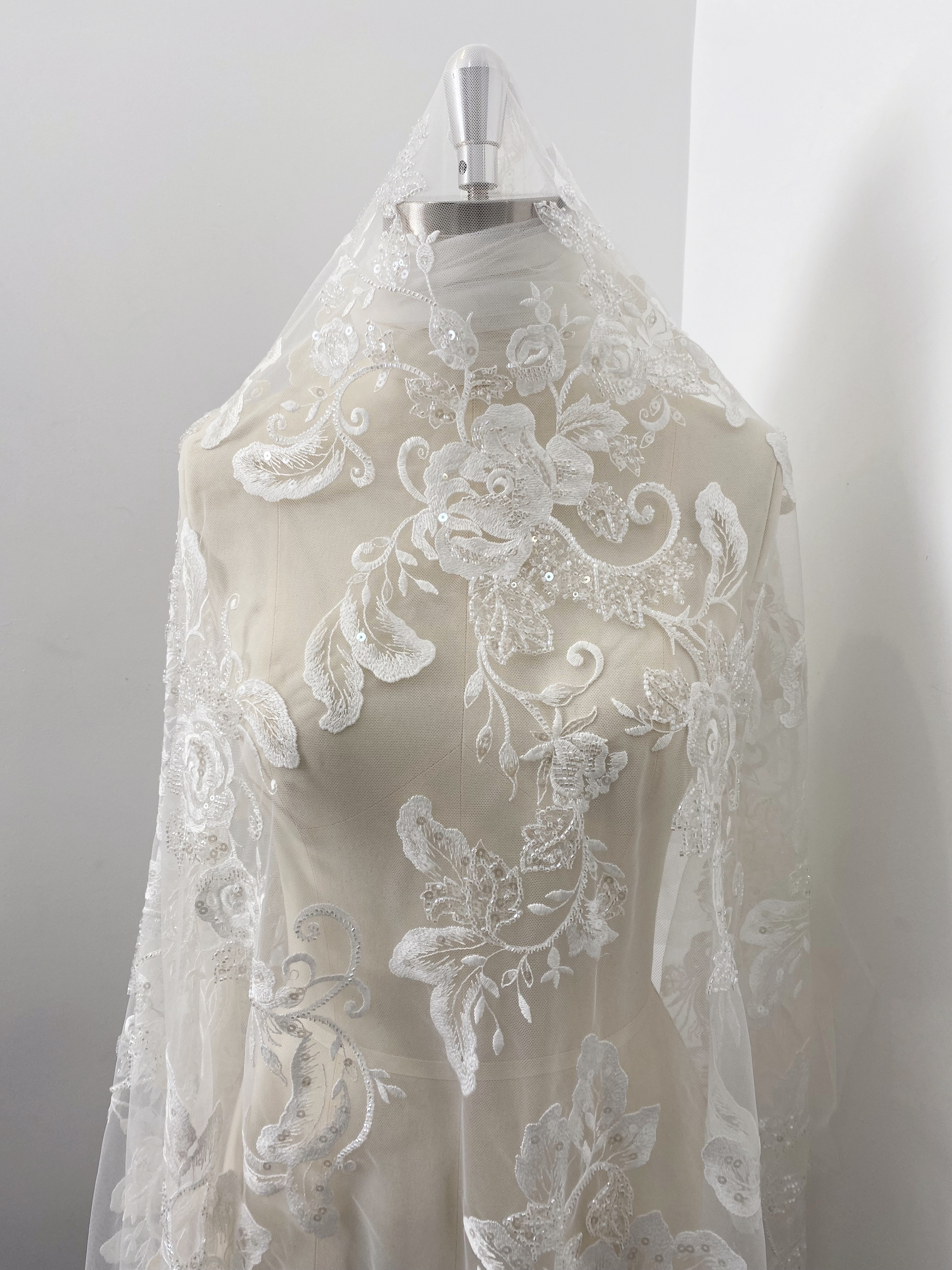 Ivory Floral Embroidered Lace Fabric with Sequins, Large Flower Mesh Lace for Wedding Dress, Bridal Gown, Flower Girl Dress
