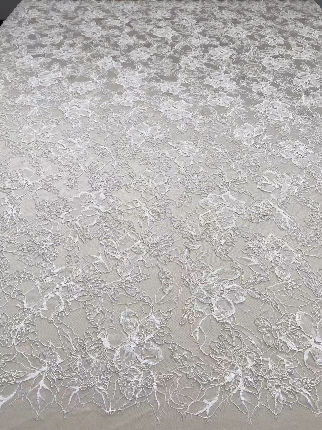 Luxurious Beaded French Chantilly Lace Fabric, Sequin Floral Embroidery Lace for wedding shrugs,bridal gown,Sold by 3 Yard
