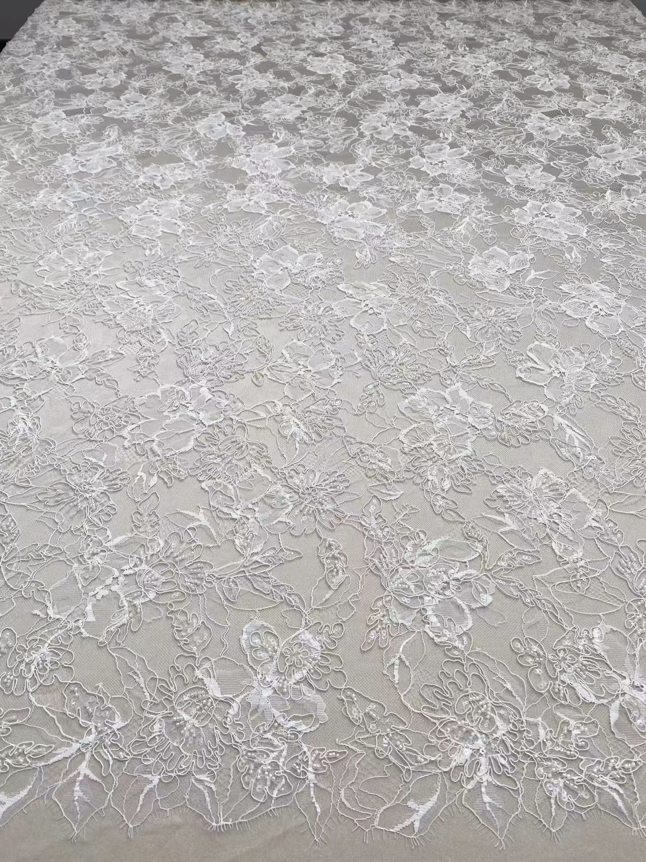 Luxurious Beaded French Chantilly Lace Fabric, Sequin Floral Embroidery Lace for wedding shrugs,bridal gown,Sold by 3 Yard