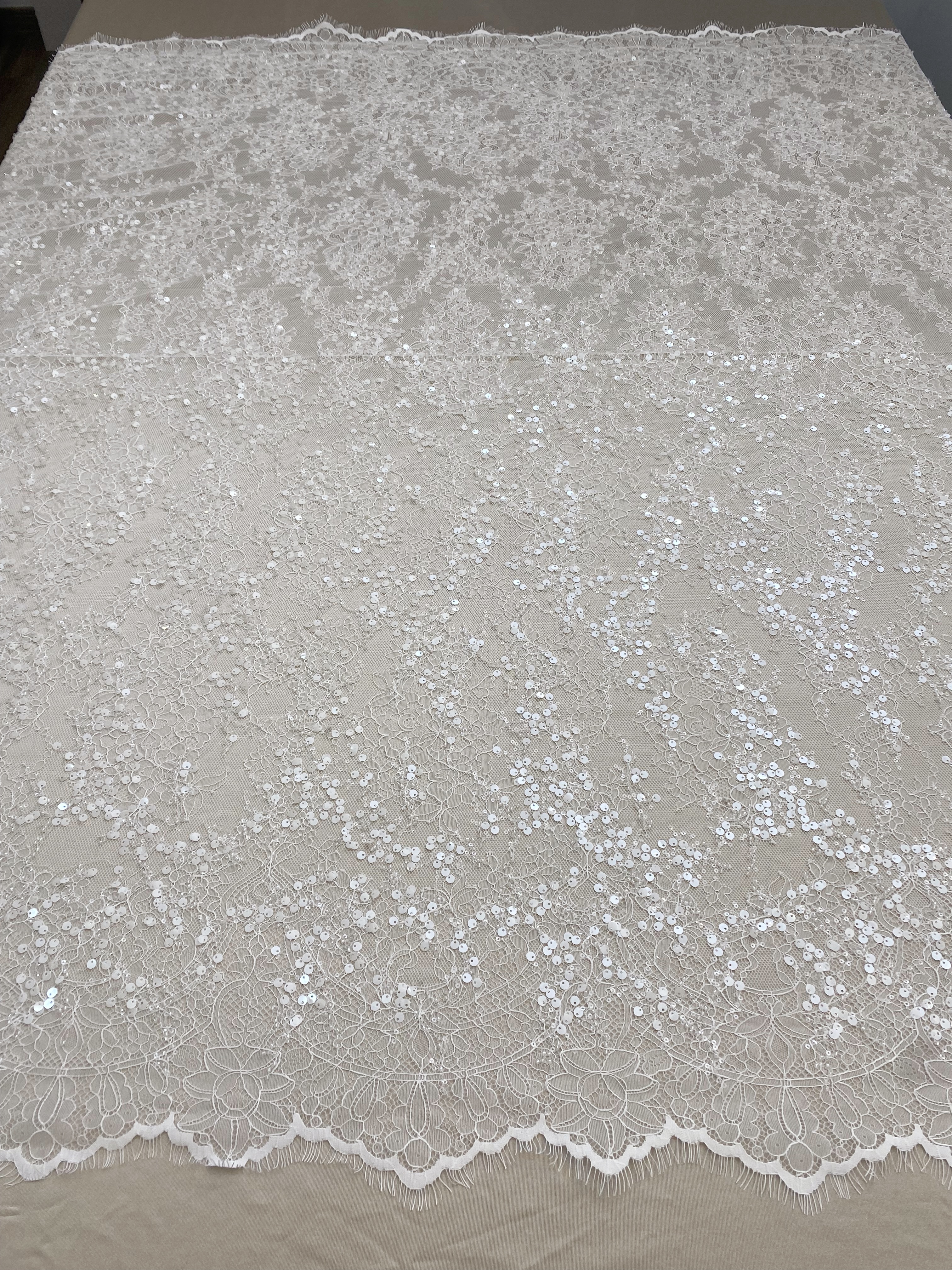 3 Meter French Chantilly Lace Fabric, Beaded Bridal Lace with Sequins, White Eyelash Lace Veil Lace Floral Lace for Wedding Dress