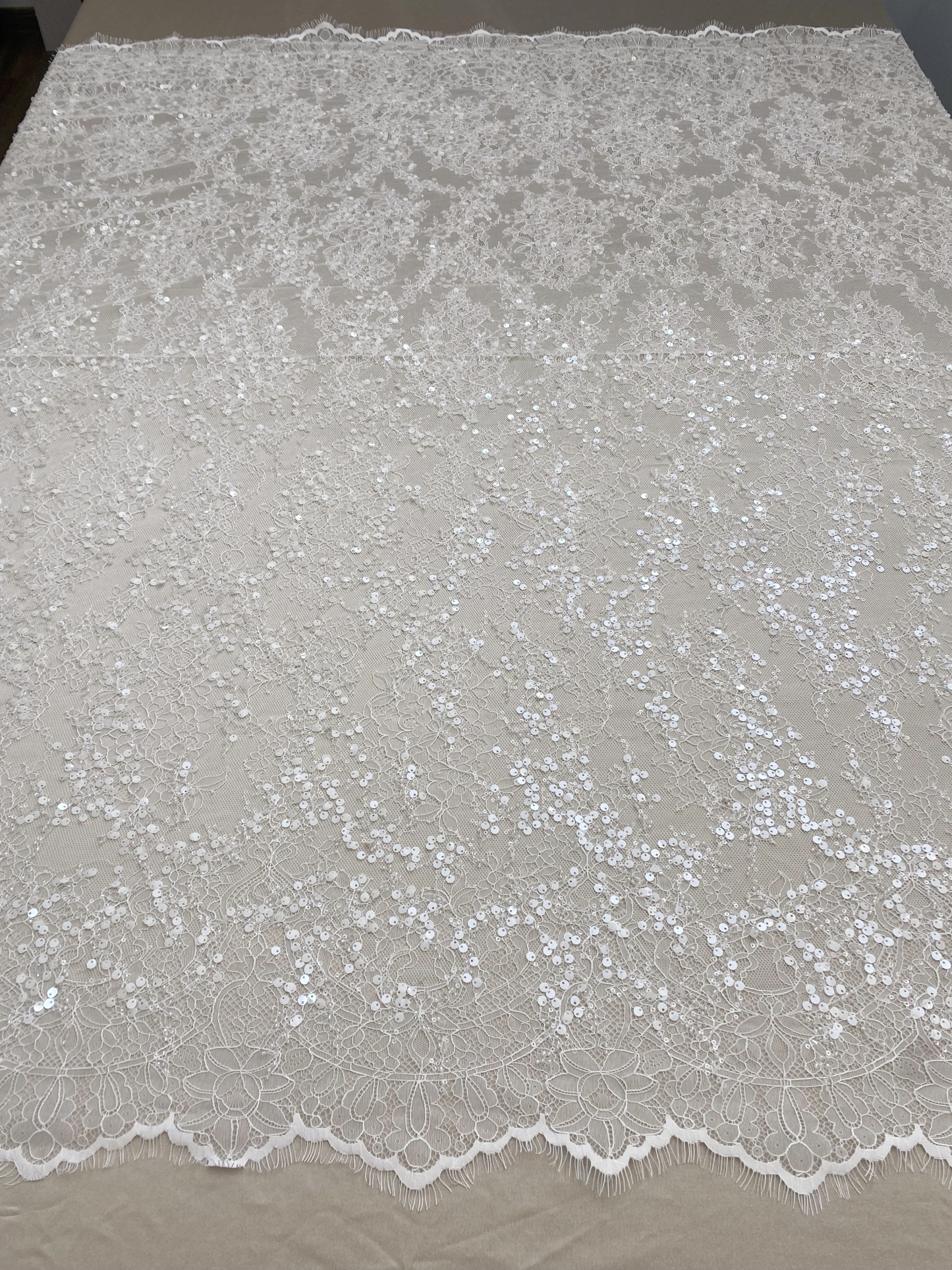 3 Meter French Chantilly Lace Fabric, Beaded Bridal Lace with Sequins, White Eyelash Lace Veil Lace Floral Lace for Wedding Dress