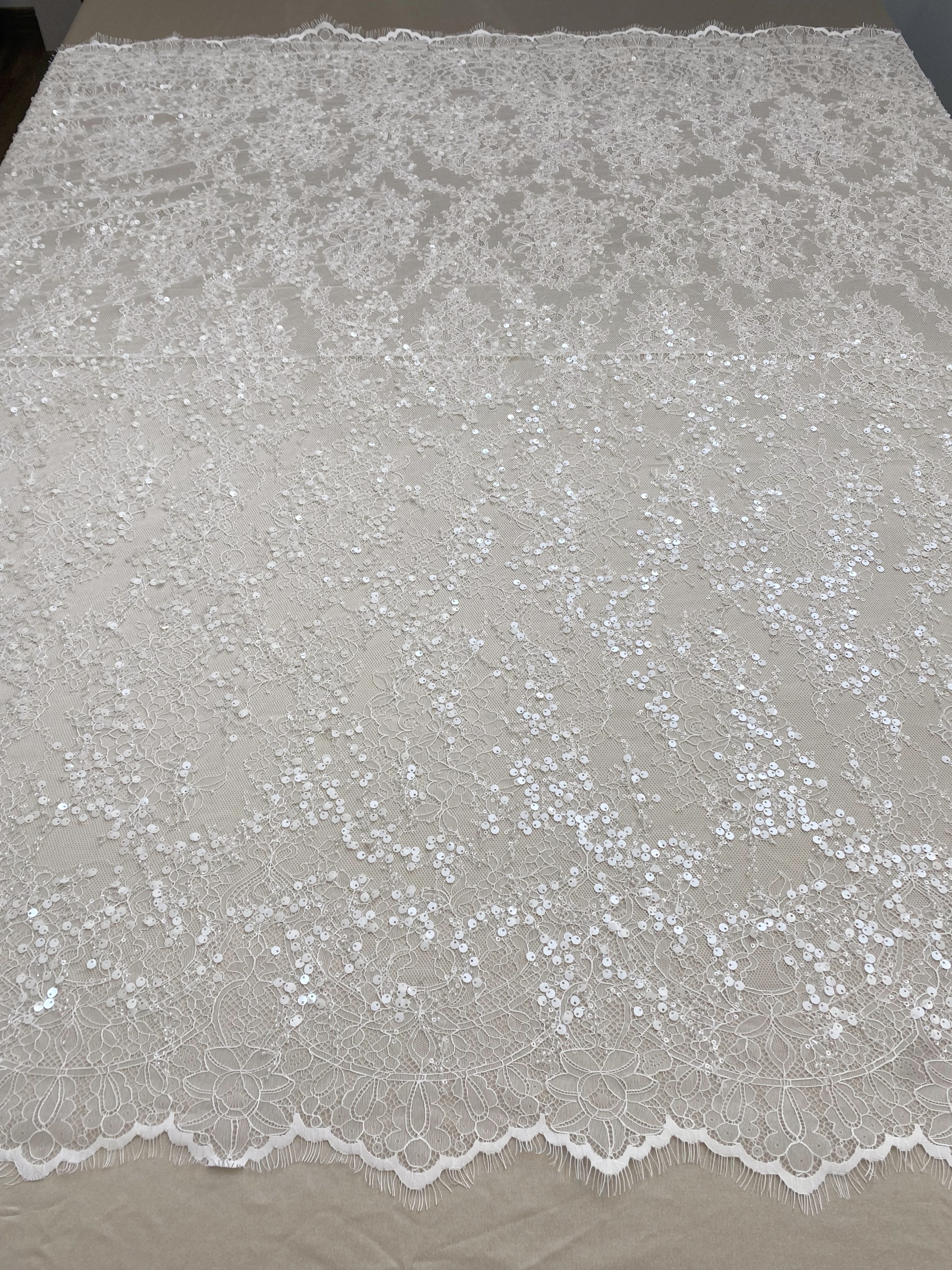 3 Meter French Chantilly Lace Fabric, Beaded Bridal Lace with Sequins, White Eyelash Lace Veil Lace Floral Lace for Wedding Dress