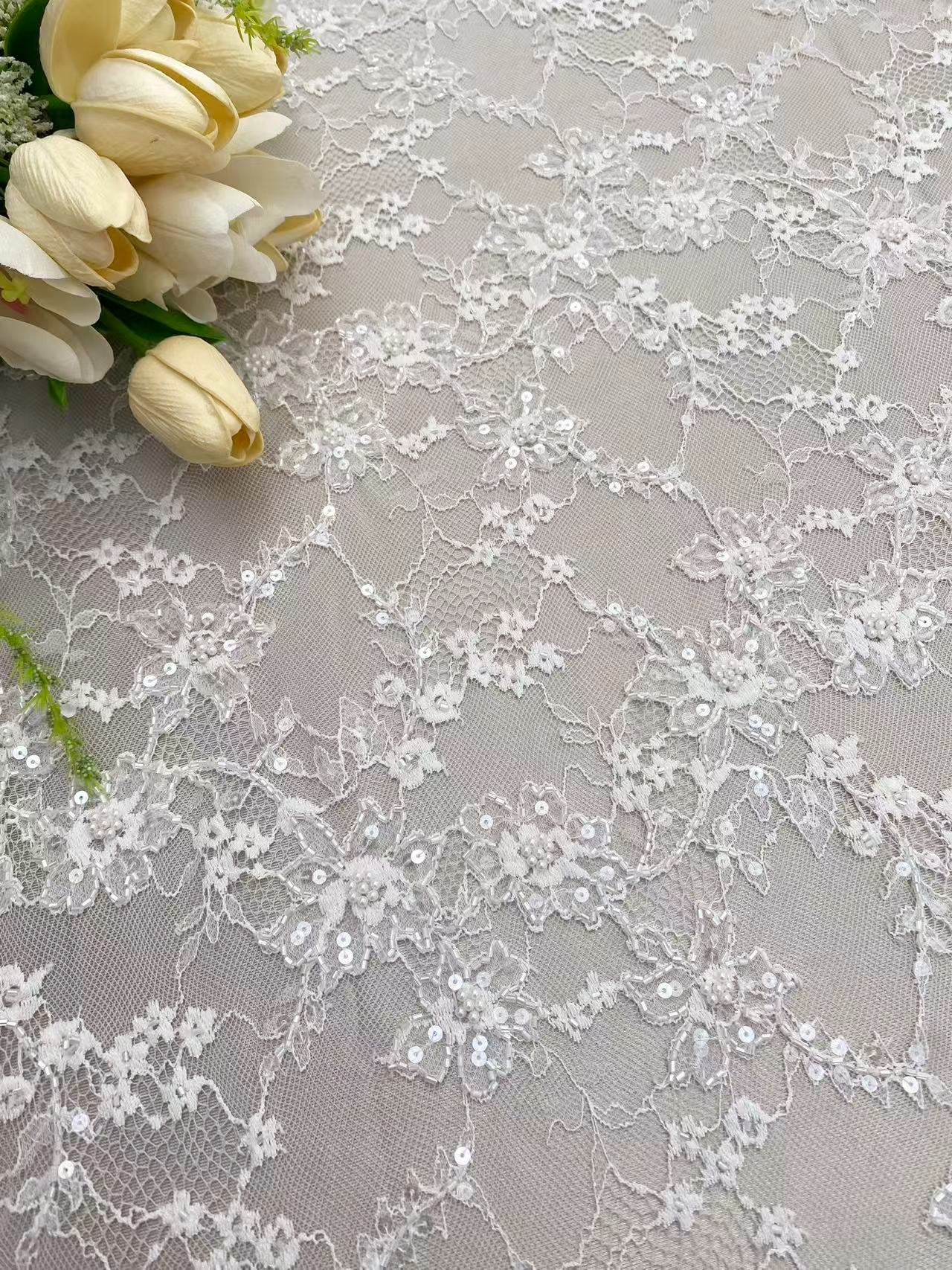 Luxurious Beaded French Chantilly Lace Fabric, Sequin Floral Embroidery Lace for wedding shrugs,bridal gown,Sold by 3 Yard