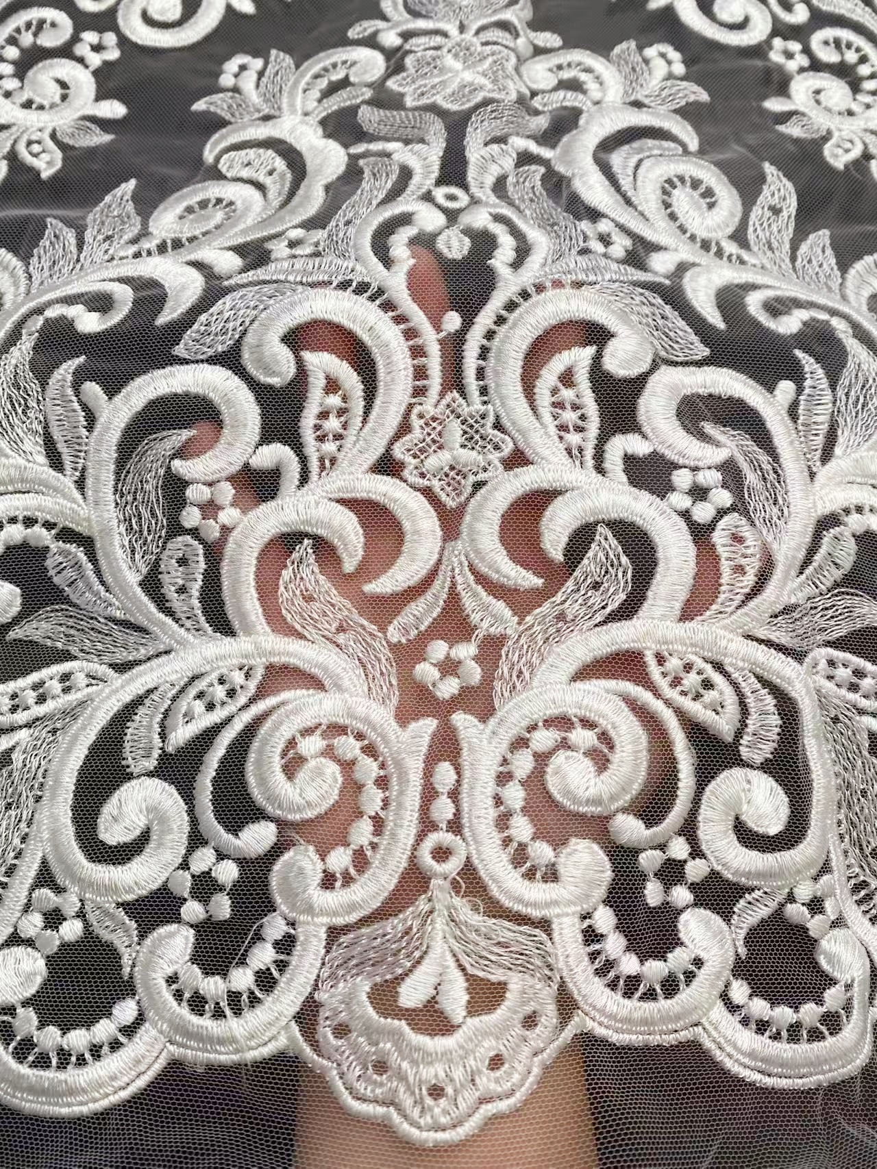 Vintage embroidered tulle lace fabric, White Wedding Lace for Bridal dress, elegant gown ,veil or handmade sewing projects