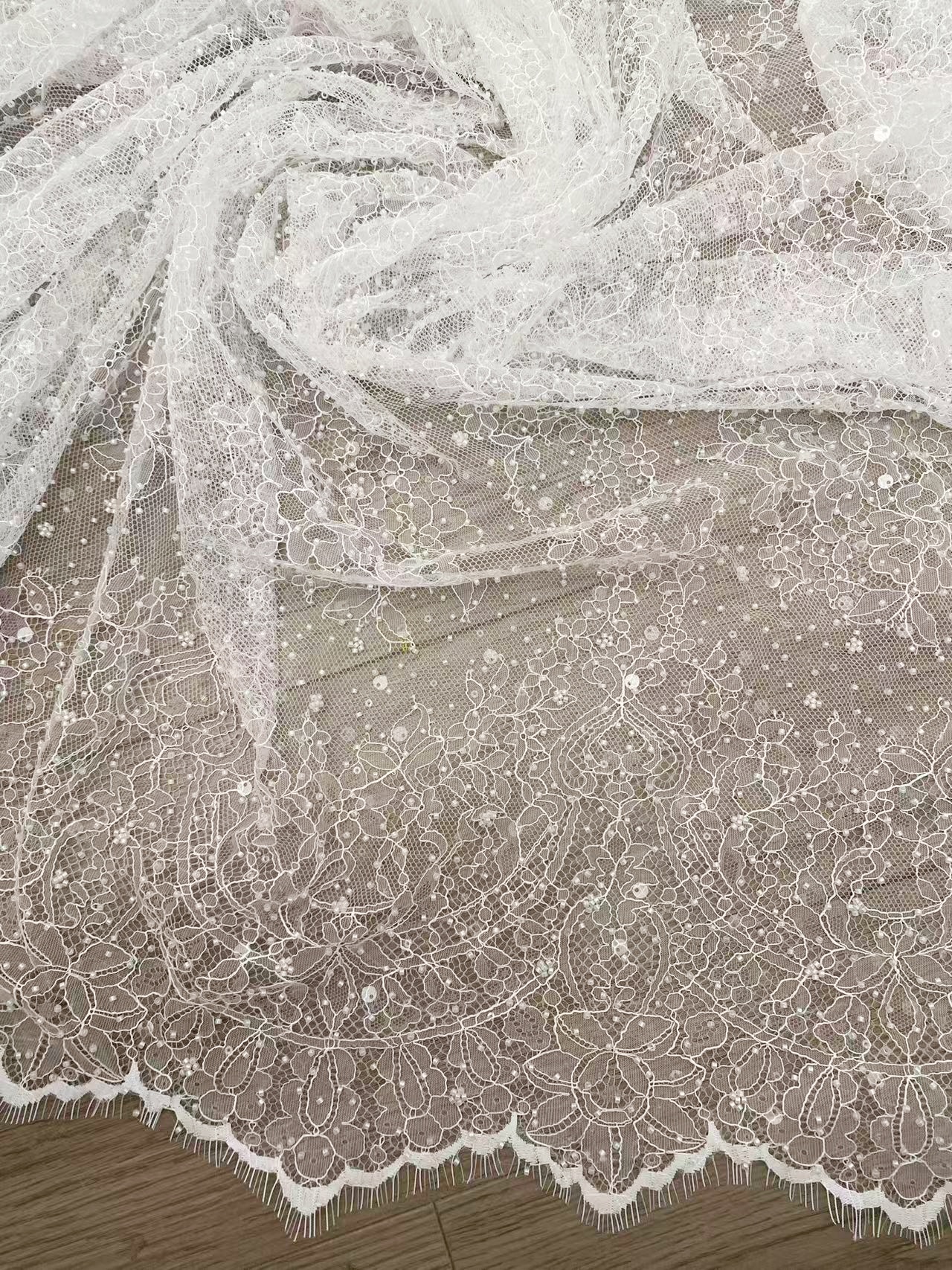White Beaded Chantilly French Lace Fabric, Floral Embroidered Lace with Eyelash for Wedding Dress Veils, Sequin Bridal Lace,Sold by 3 Meters