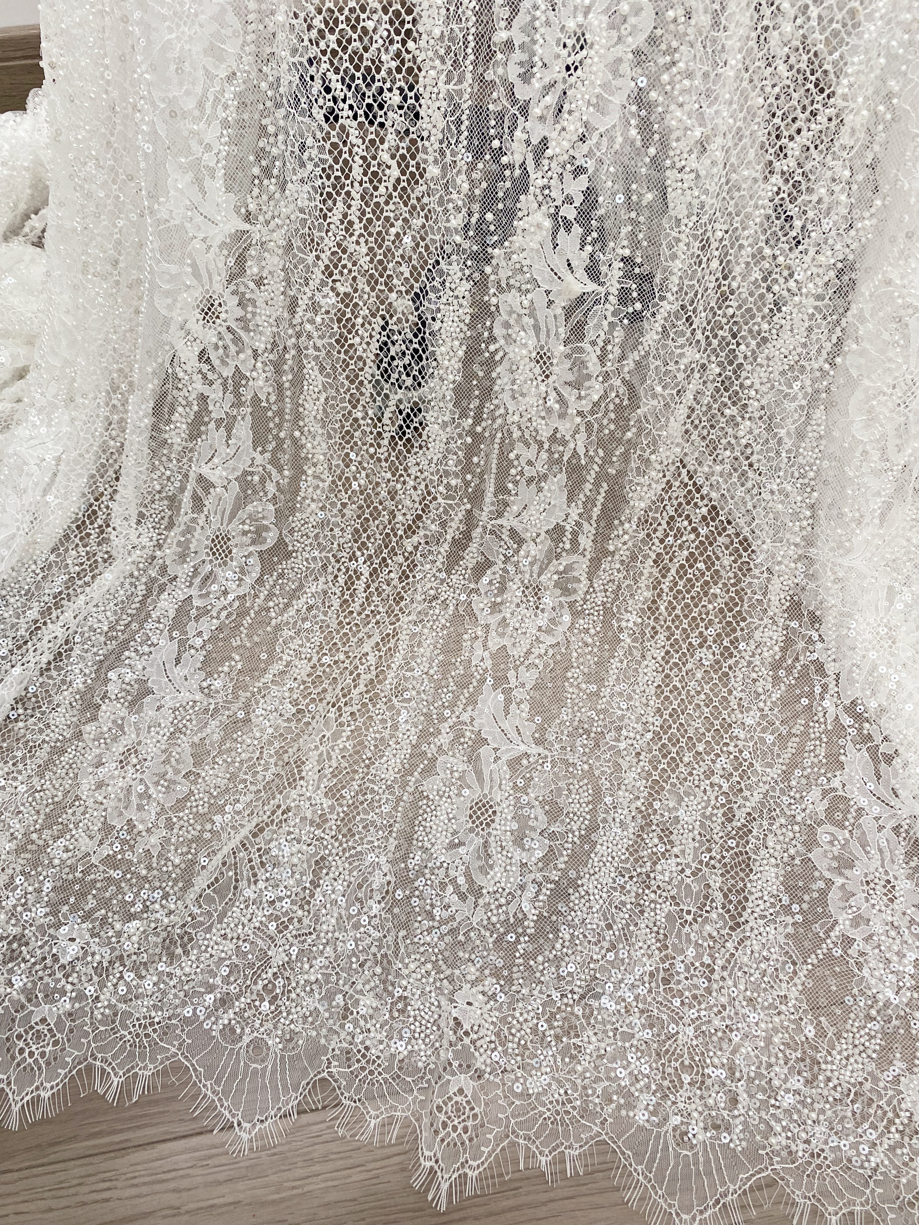 Ivory Beaded Chantilly Lace Fabric for Wedding Dress,Bridal Gown Veil,Sold by 3 Meter