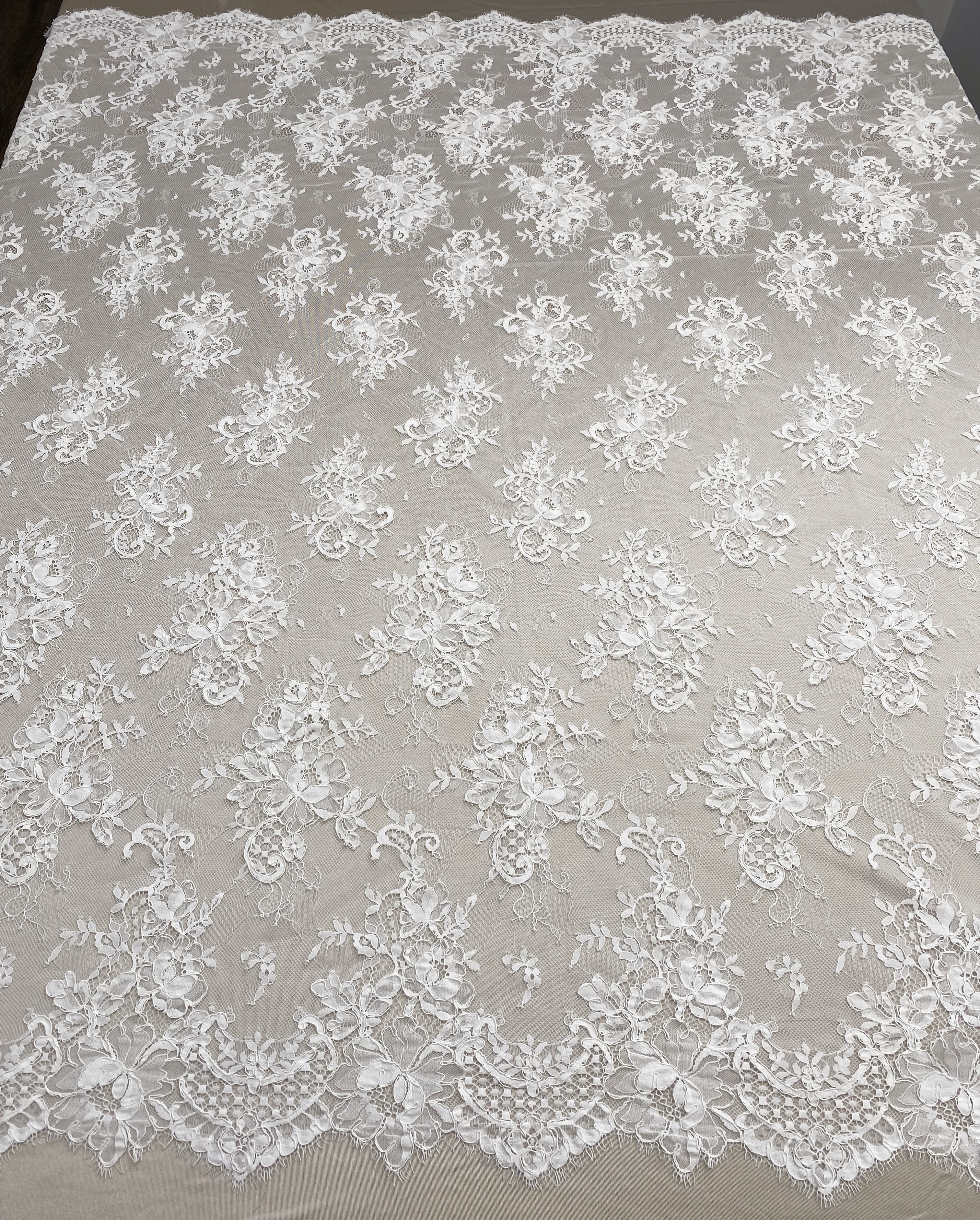 3 Meters French Chantilly Lace Fabric with Corded and Eyelash, Floral Embroidery Lace Scallop Edges for Bridal Wedding Dress, Veil