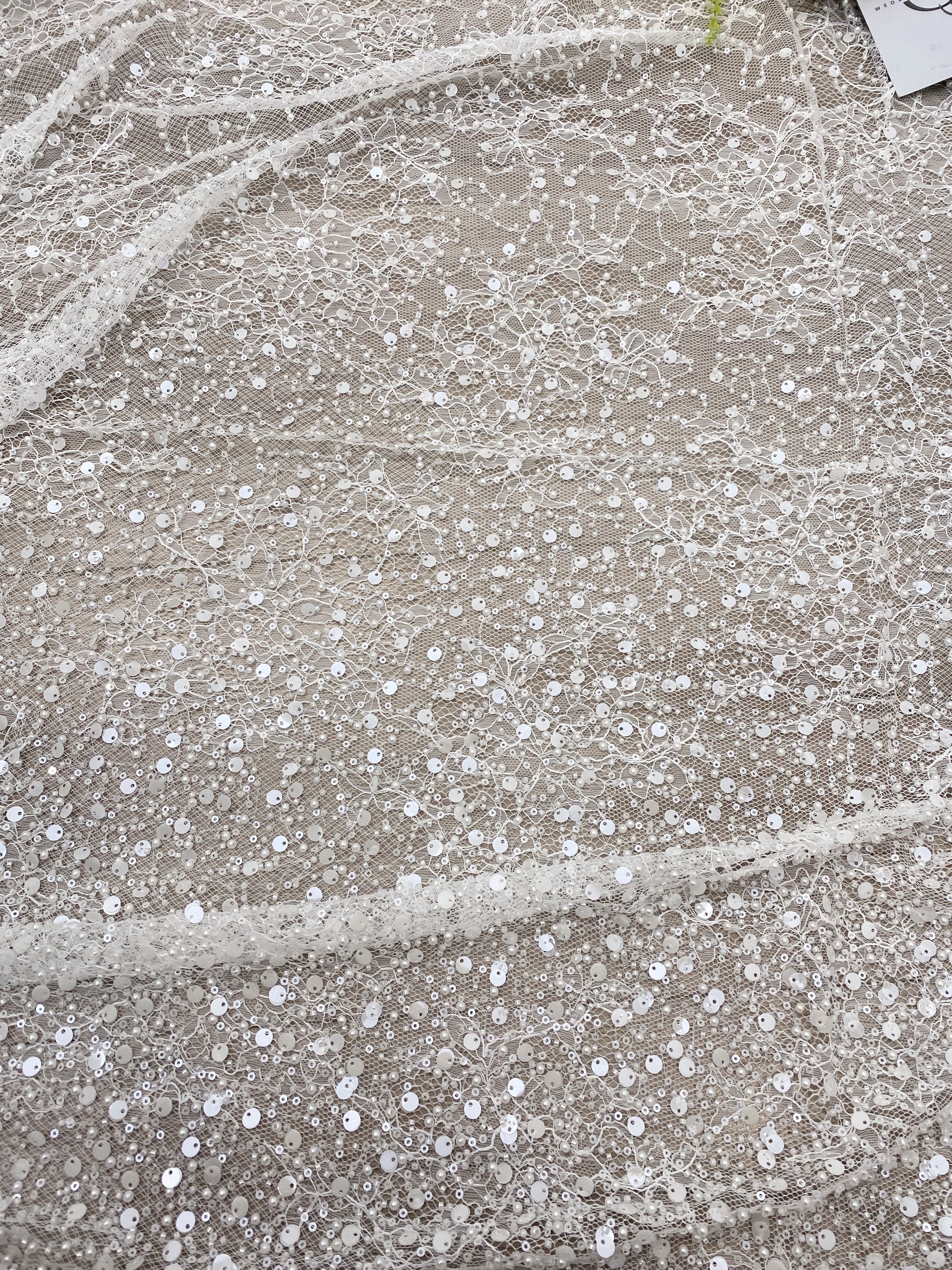 Luxury Beaded Tulle Lace Fabric, White Sequined Bridal Mesh by the Yard for Wedding Dress, Veil, Bridal Gown Embroidery, Floral Lace