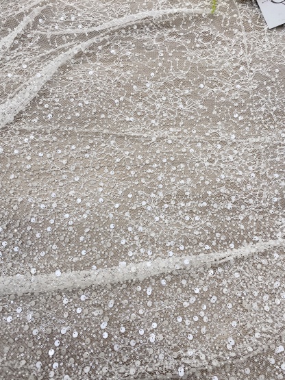 Luxury Beaded Tulle Lace Fabric, White Sequined Bridal Mesh by the Yard for Wedding Dress, Veil, Bridal Gown Embroidery, Floral Lace