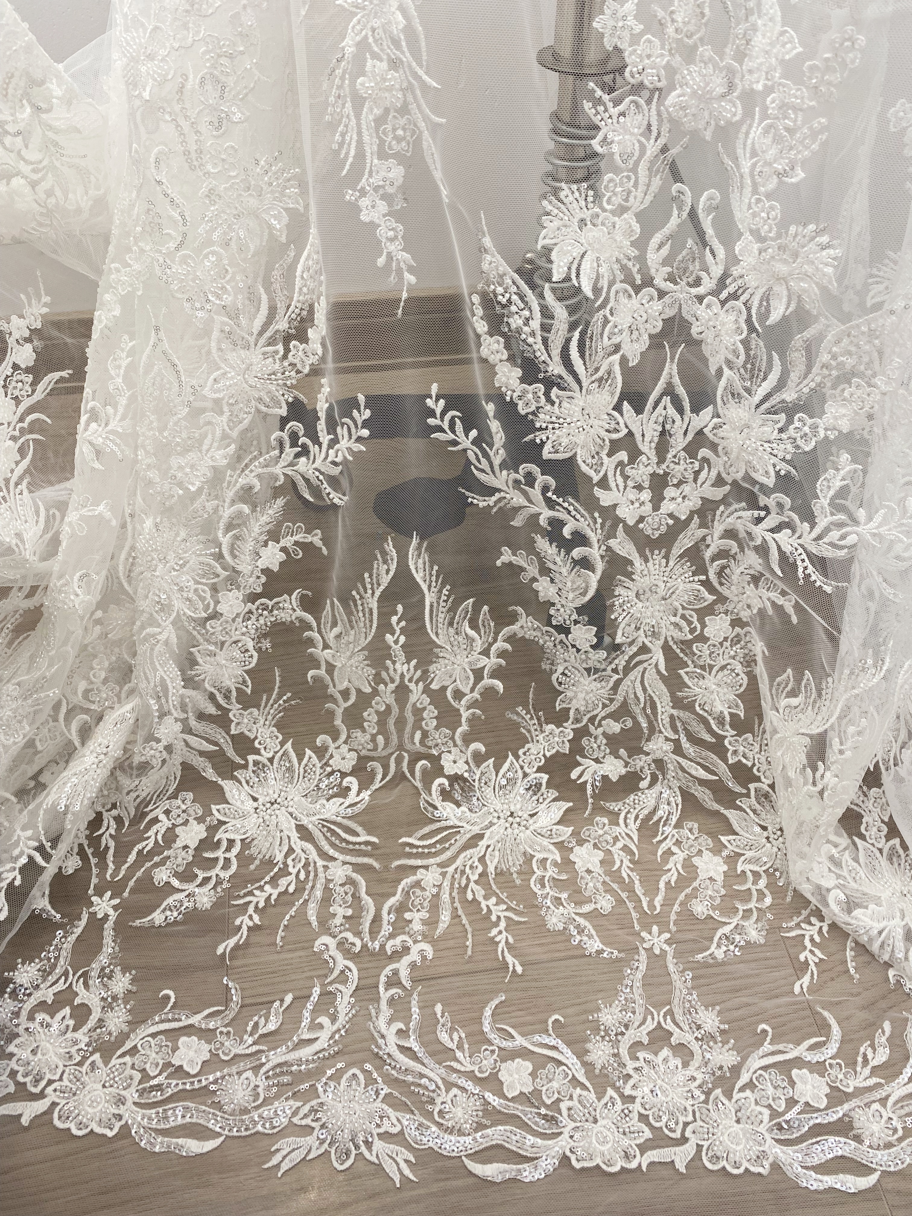 Sequin Floral Embroidery Lace Fabric by yard, Ivory Tulle Bridal Dress Lace for DIY sewing, Designer Dressmaking Supplies