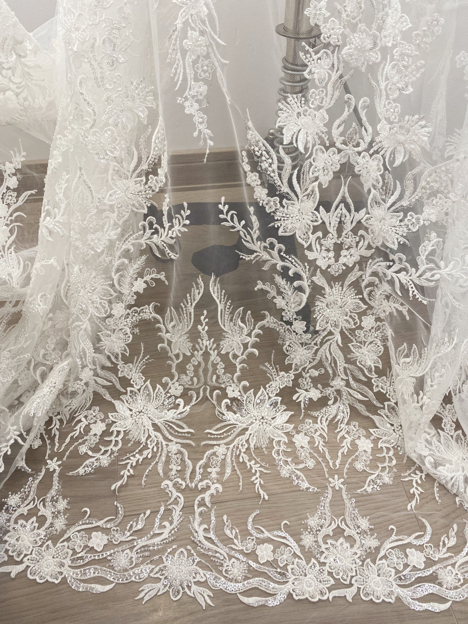 Sequin Floral Embroidery Lace Fabric by yard, Ivory Tulle Bridal Dress Lace for DIY sewing, Designer Dressmaking Supplies