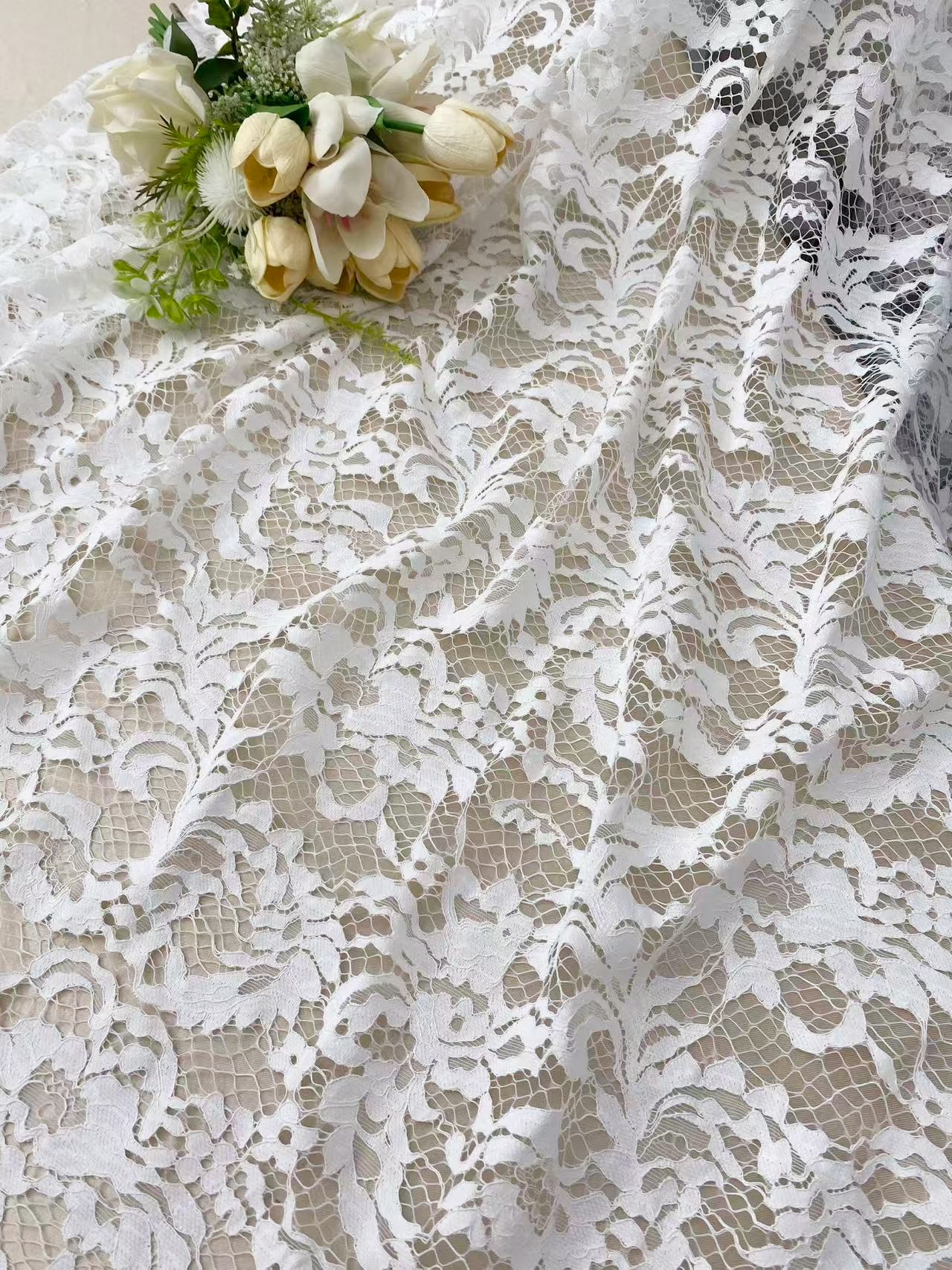 Soft Light French Chantily Eyelash Lace for Wedding Dress, Bridal Gown, Classic Lace Top Overlay, White Lace Fabric DIY Bridal Dress 