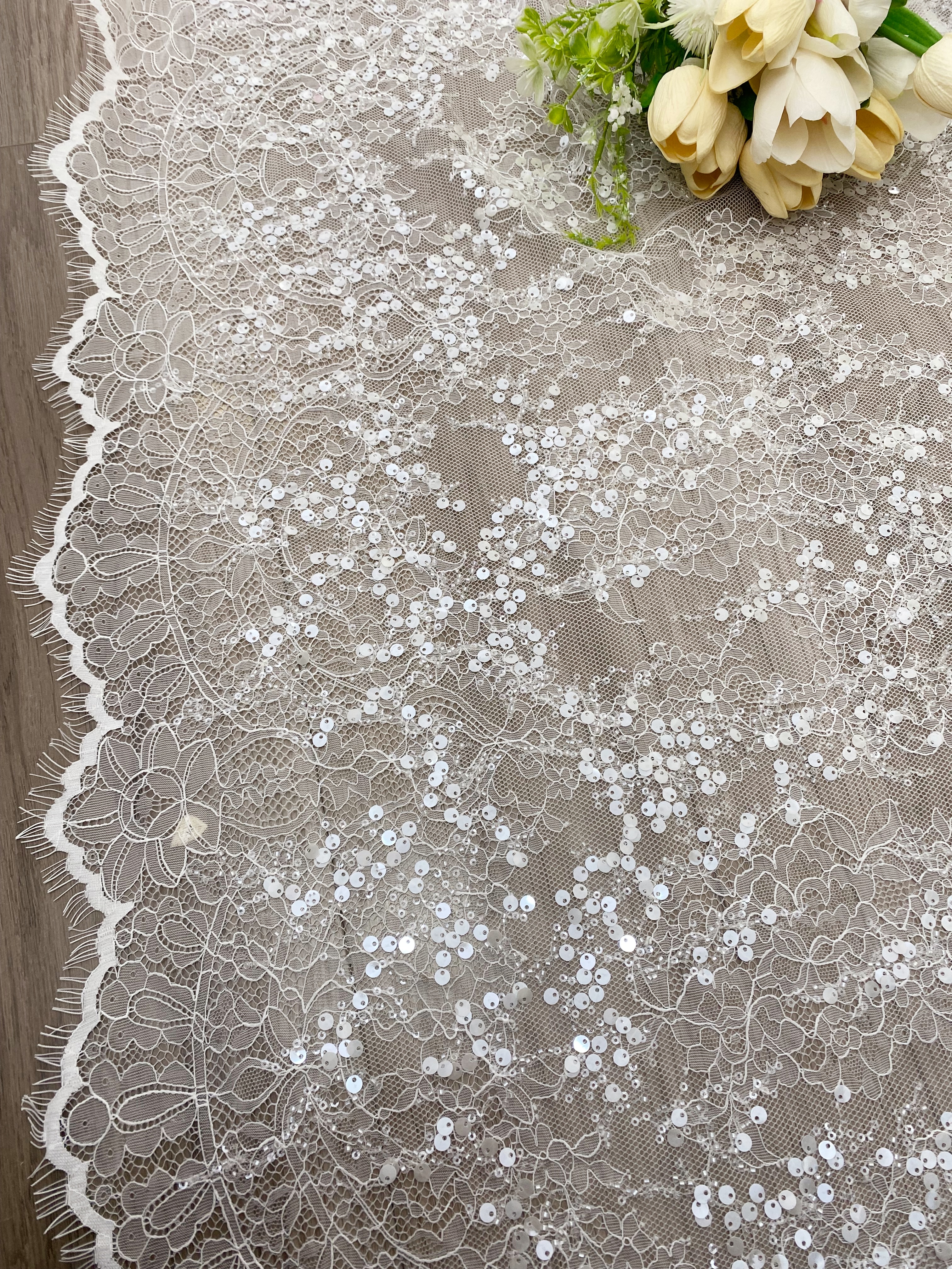 3 Meter French Chantilly Lace Fabric, Beaded Bridal Lace with Sequins, White Eyelash Lace Veil Lace Floral Lace for Wedding Dress