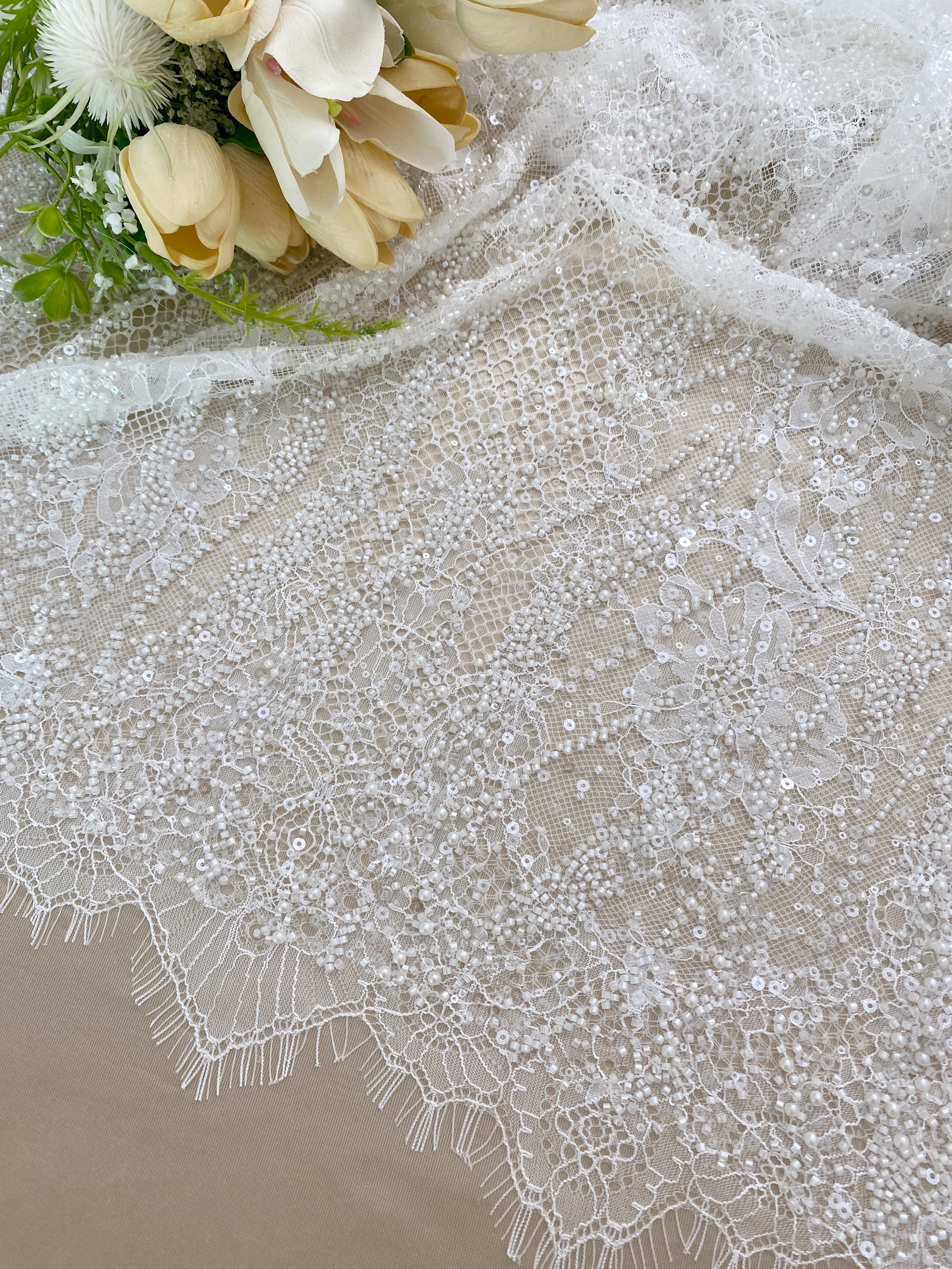 Ivory Beaded Chantilly Lace Fabric for Wedding Dress,Bridal Gown Veil,Sold by 3 Meter