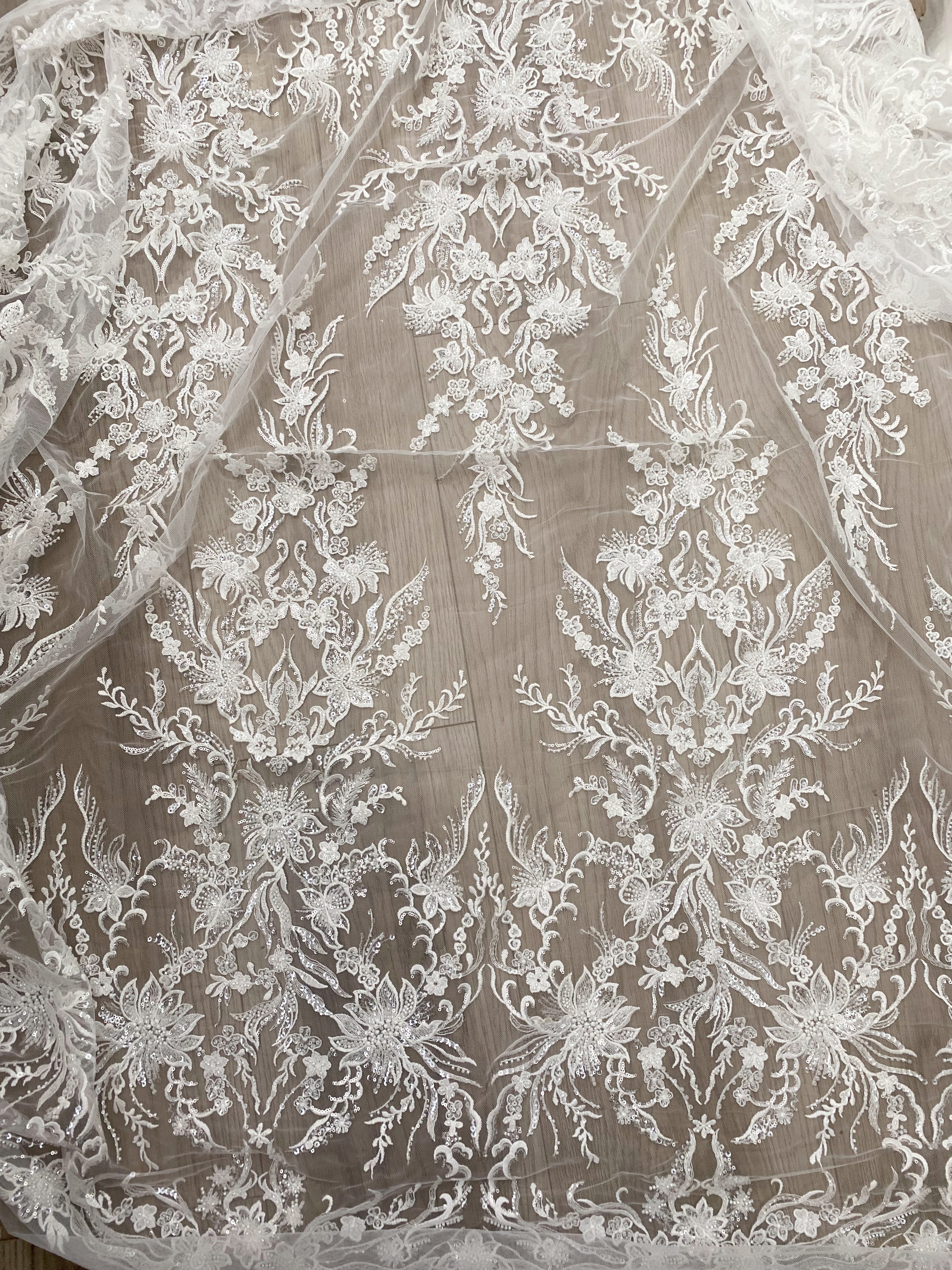 Sequin Floral Embroidery Lace Fabric by yard, Ivory Tulle Bridal Dress Lace for DIY sewing, Designer Dressmaking Supplies