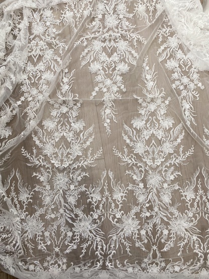 Sequin Floral Embroidery Lace Fabric by yard, Ivory Tulle Bridal Dress Lace for DIY sewing, Designer Dressmaking Supplies