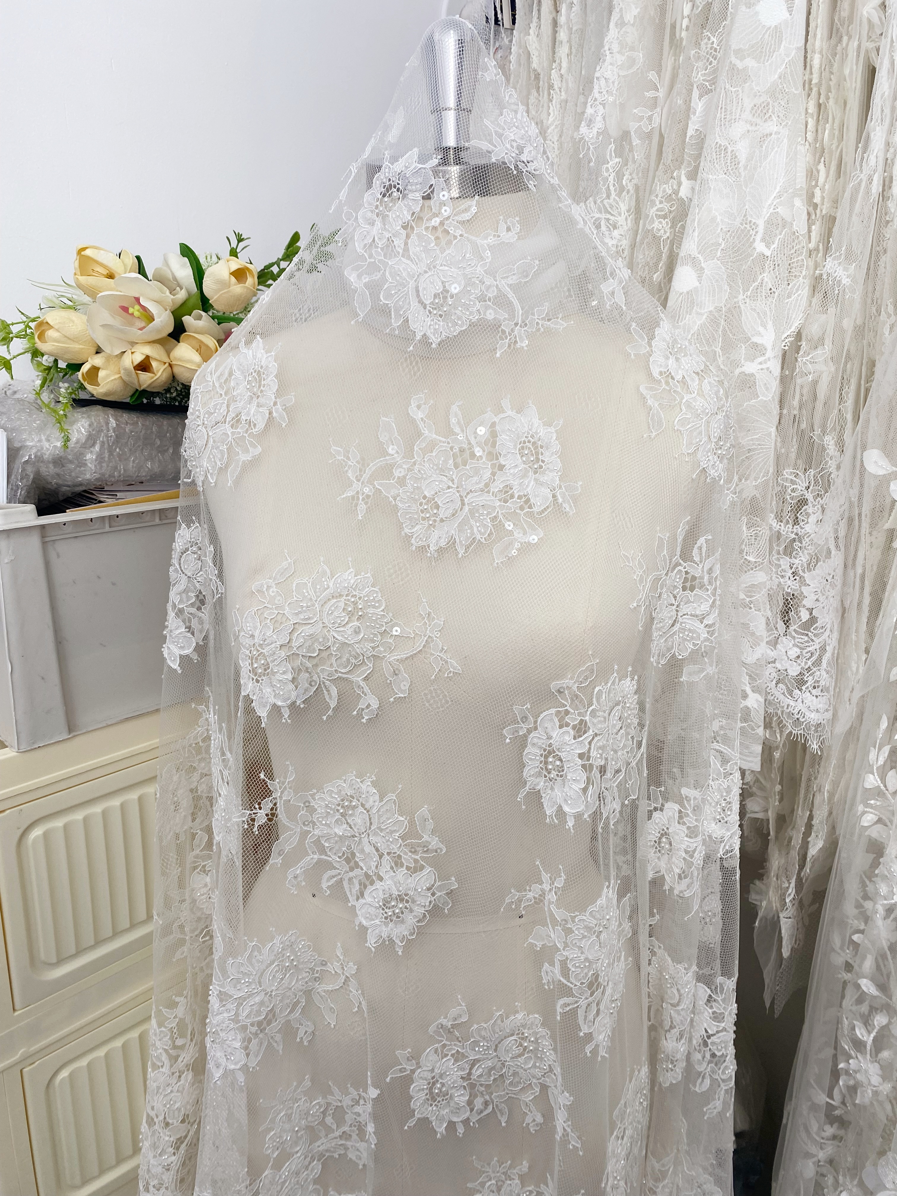 Ivory Beaded Chantilly Lace Fabric for Wedding Dress,Bridal Gown Veil,Sold by 3 Meter