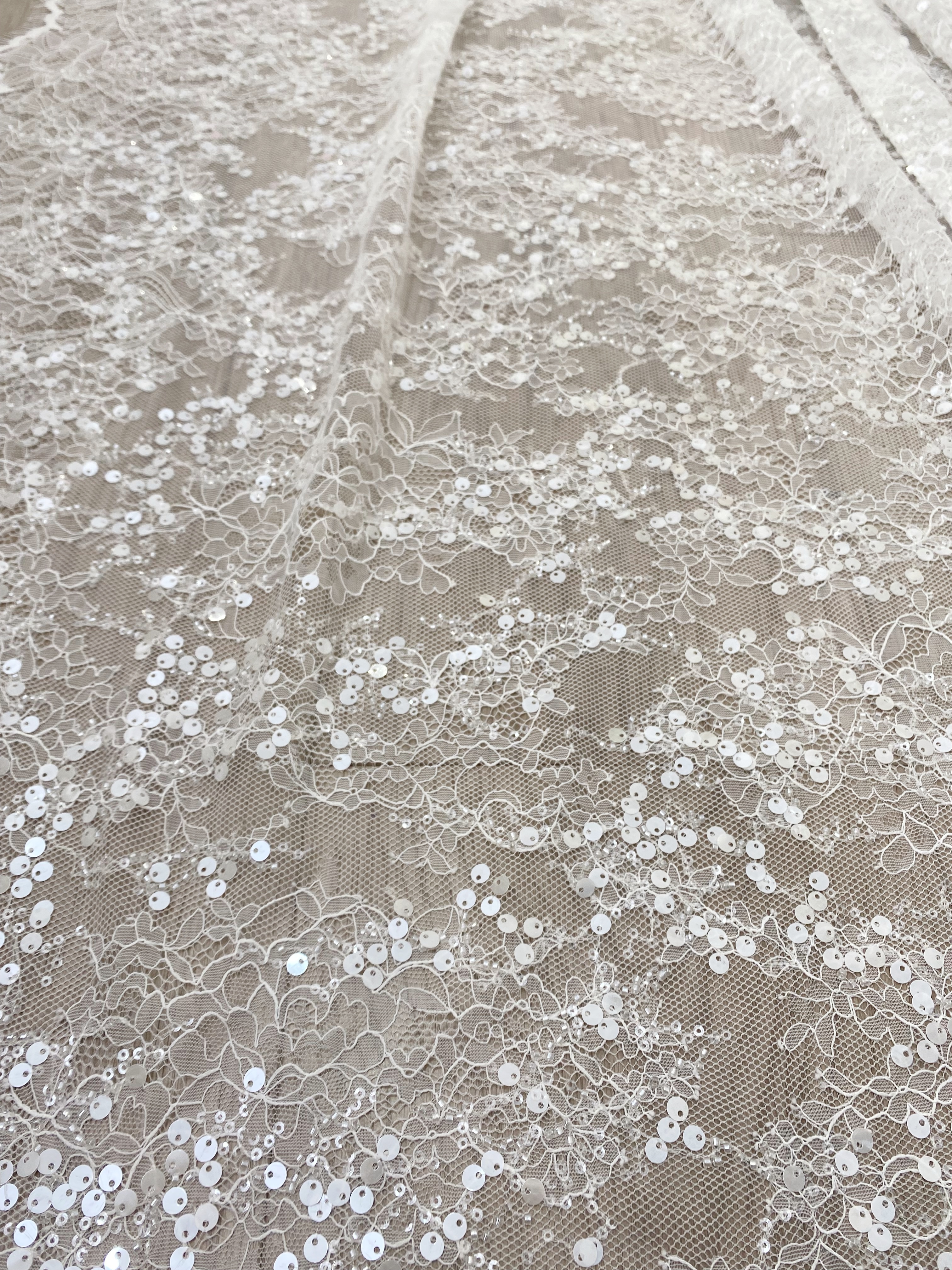 3 Meter French Chantilly Lace Fabric, Beaded Bridal Lace with Sequins, White Eyelash Lace Veil Lace Floral Lace for Wedding Dress