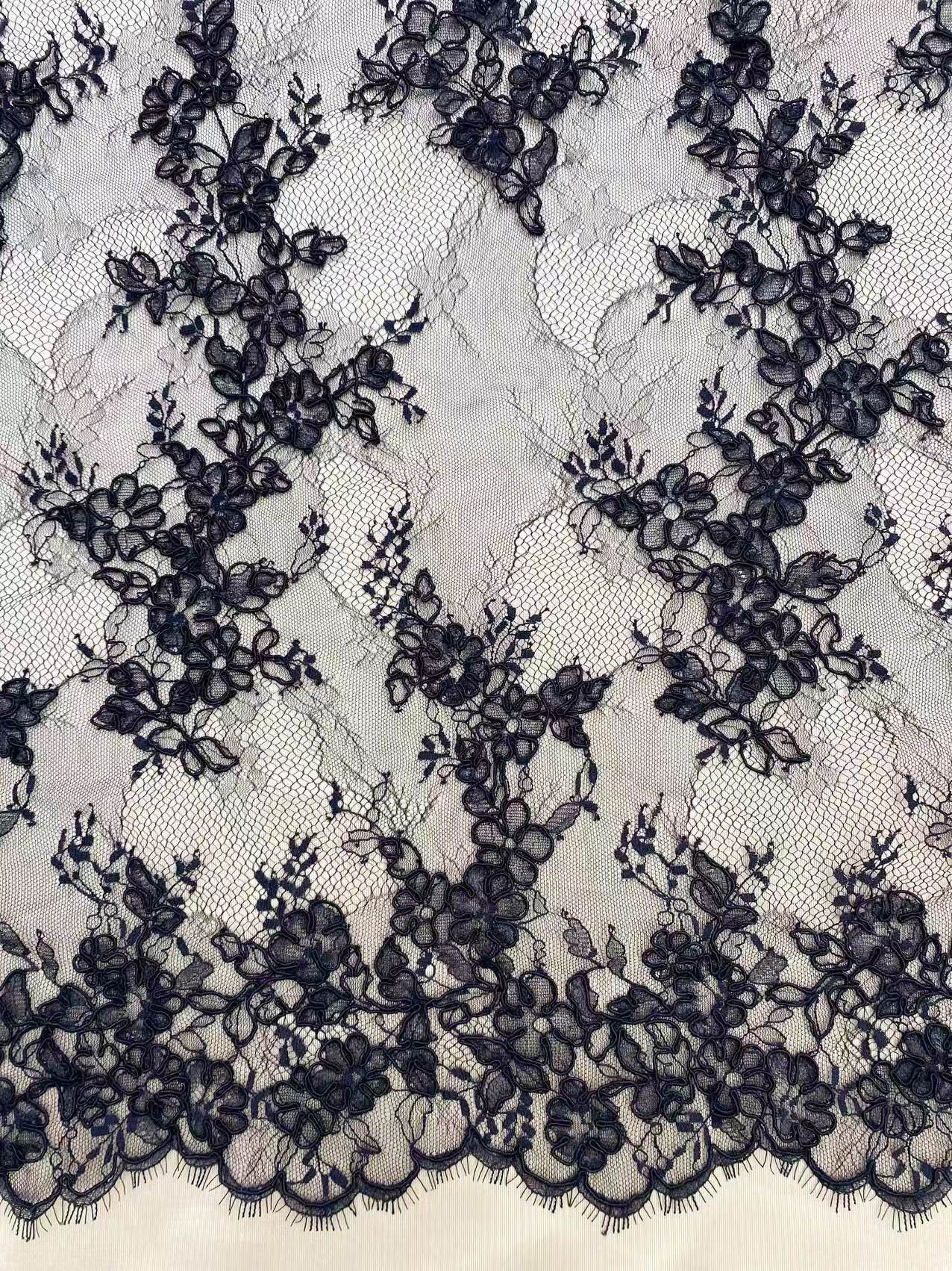 Black Chantilly lace fabric with cord, French bridal wedding lace, eyelash veil lace, scalloped floral lace, sold by 3 maters
