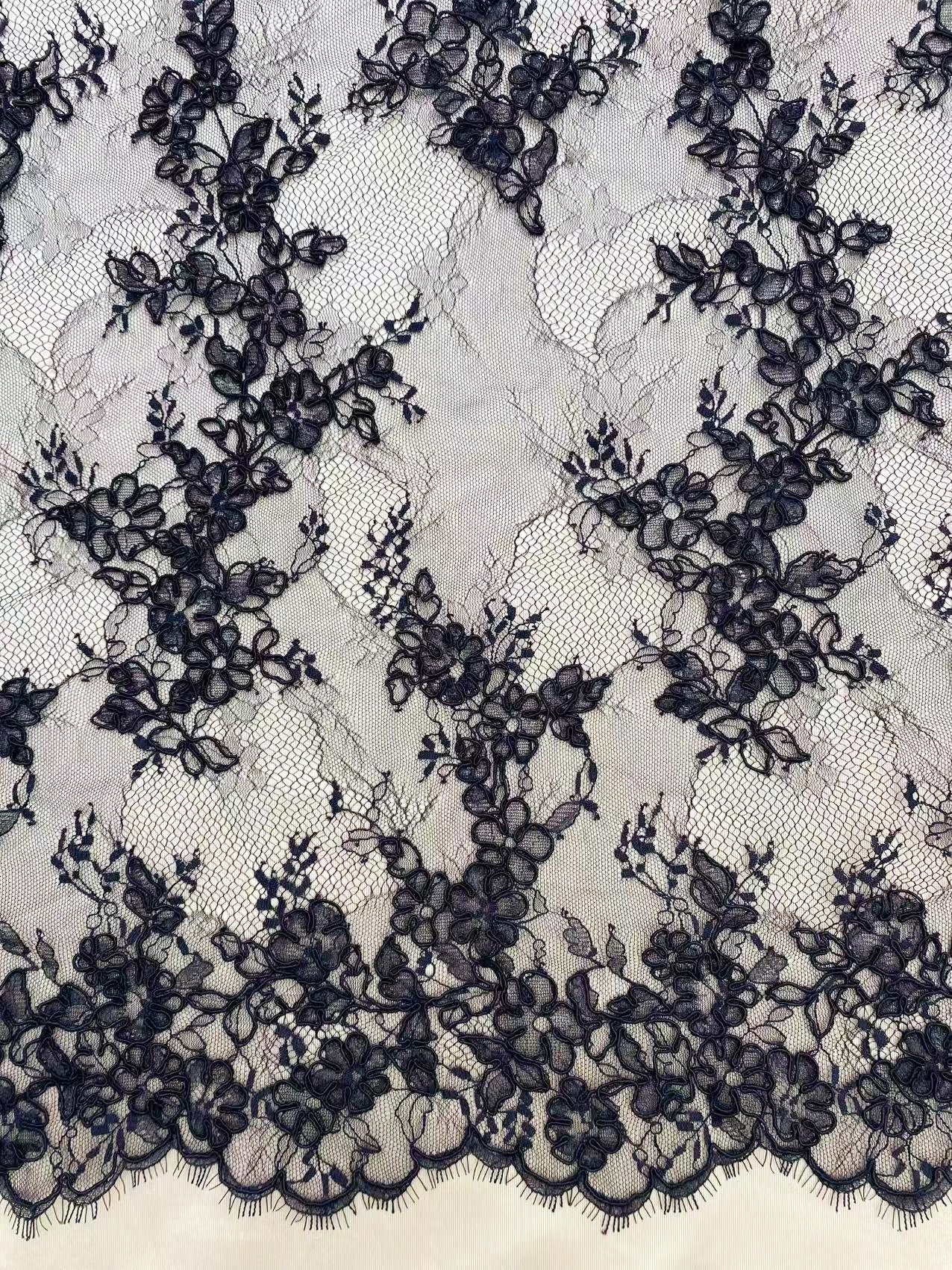 Black Chantilly lace fabric with cord, French bridal wedding lace, eyelash veil lace, scalloped floral lace, sold by 3 maters