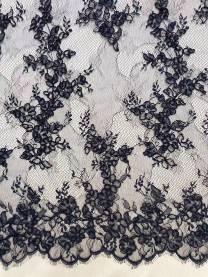Black Chantilly lace fabric with cord, French bridal wedding lace, eyelash veil lace, scalloped floral lace, sold by 3 maters